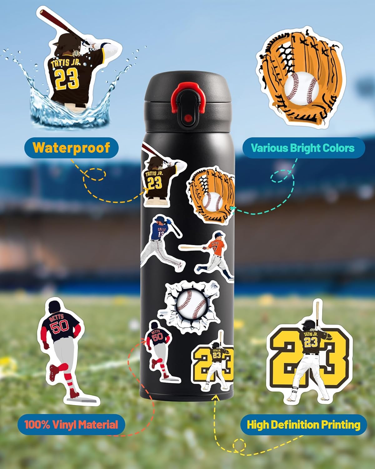 100 Pcs Sport Stickers for Kids, Baseball Water Bottle Stickers, Vinyl Waterproof Laptop Sticker for Water Bottle, Bulk Sticker Packs for Boys Kids Classroom Prizes for Elementary Students