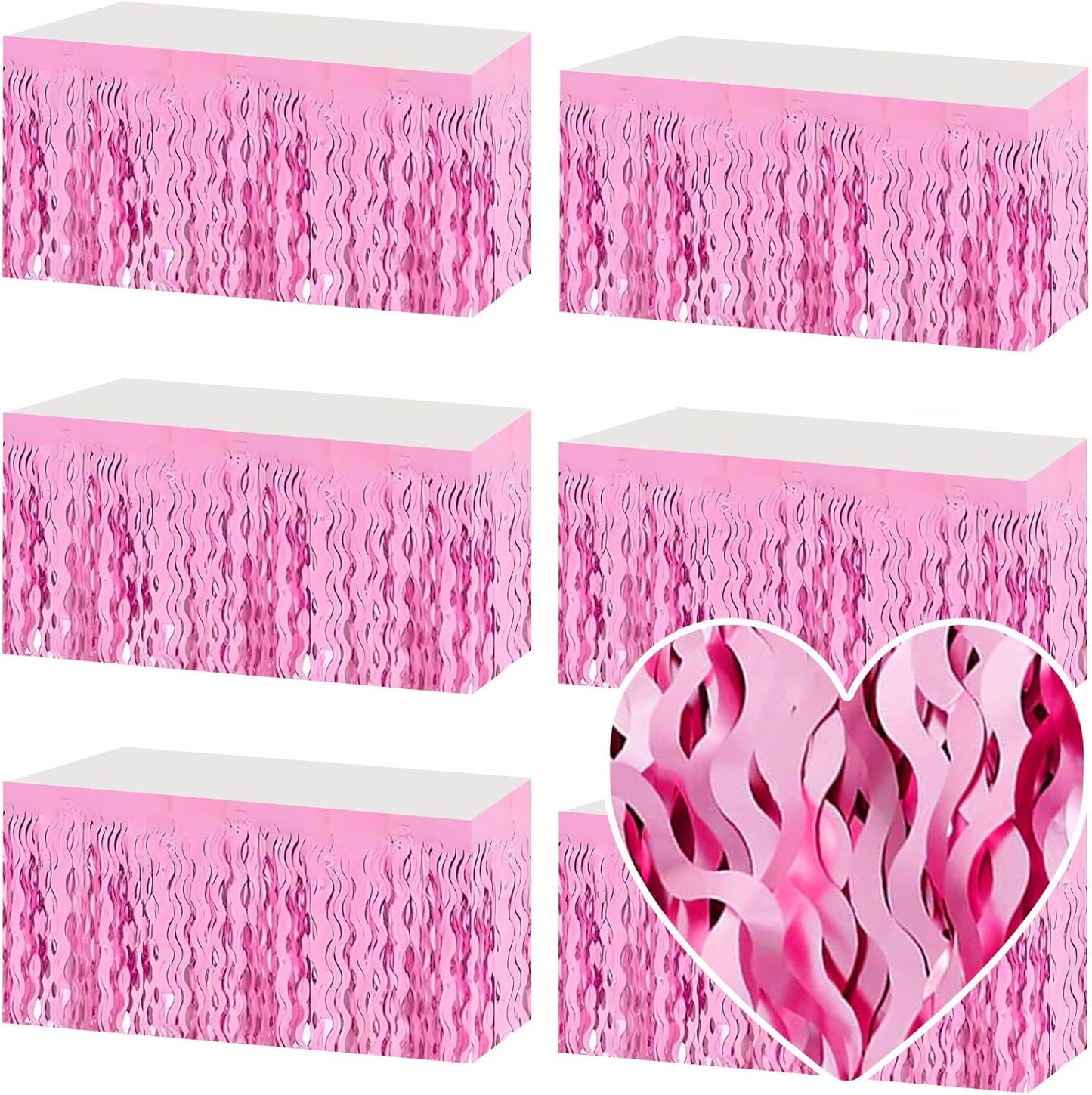 6 Pack 29x108 Inch Pink Wave Foil Fringe Table Skirts Metallic Banner for Tinsel Streamer Garland Backdrop for Parade Floats Wedding, Mother's Day, Birthday Mardi Gras Party Decorations