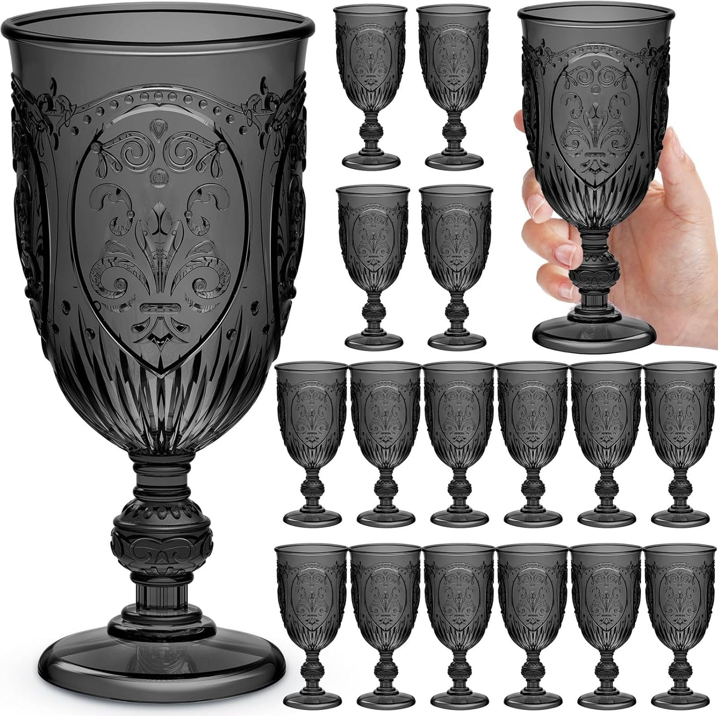 18 Pack Plastic Goblets 10oz Upgrade Vintage Water Goblet Plastic Wine Glasses Colored Retro Embossed Glassware for Party Wine Bar Juice Baby Shower Wedding Reception Grand (Black)