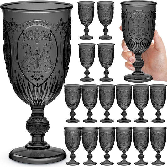 18 Pack Plastic Goblets 10oz Upgrade Vintage Water Goblet Plastic Wine Glasses Colored Retro Embossed Glassware for Party Wine Bar Juice Baby Shower Wedding Reception Grand (Black)