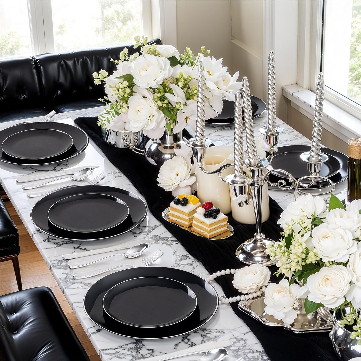 bUCLA 100PCS Black Plastic Plates - Heavy Duty Black Disposable with Silver Rim Include 50 Each (10 inch Dinner & 7 inch Dessert) Plates, Ideal for Party & Halloween