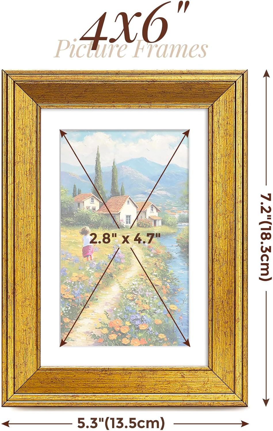 TWING 4x6 Gold Picture Frames Set of 6,Rustic Gold Frames Display Pictures 3x5 with Mat or 4x6 Without Mat,Tabletop Display and Wall Mounting Collage Photo Frame,Set for Wall Gallery