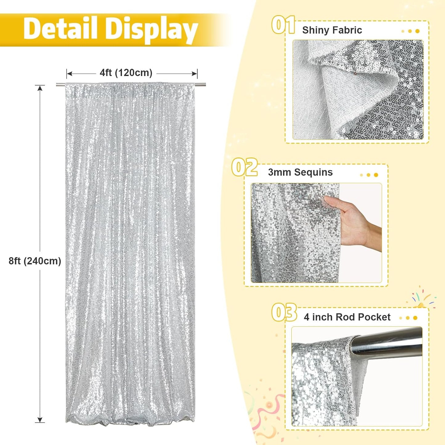 Poise3EHome 4x8ft Silver Sequin Backdrop, Upgrade Shimmer Backdrop for Wedding Christmas Decor, Party Photo Booths, and Event Decorations