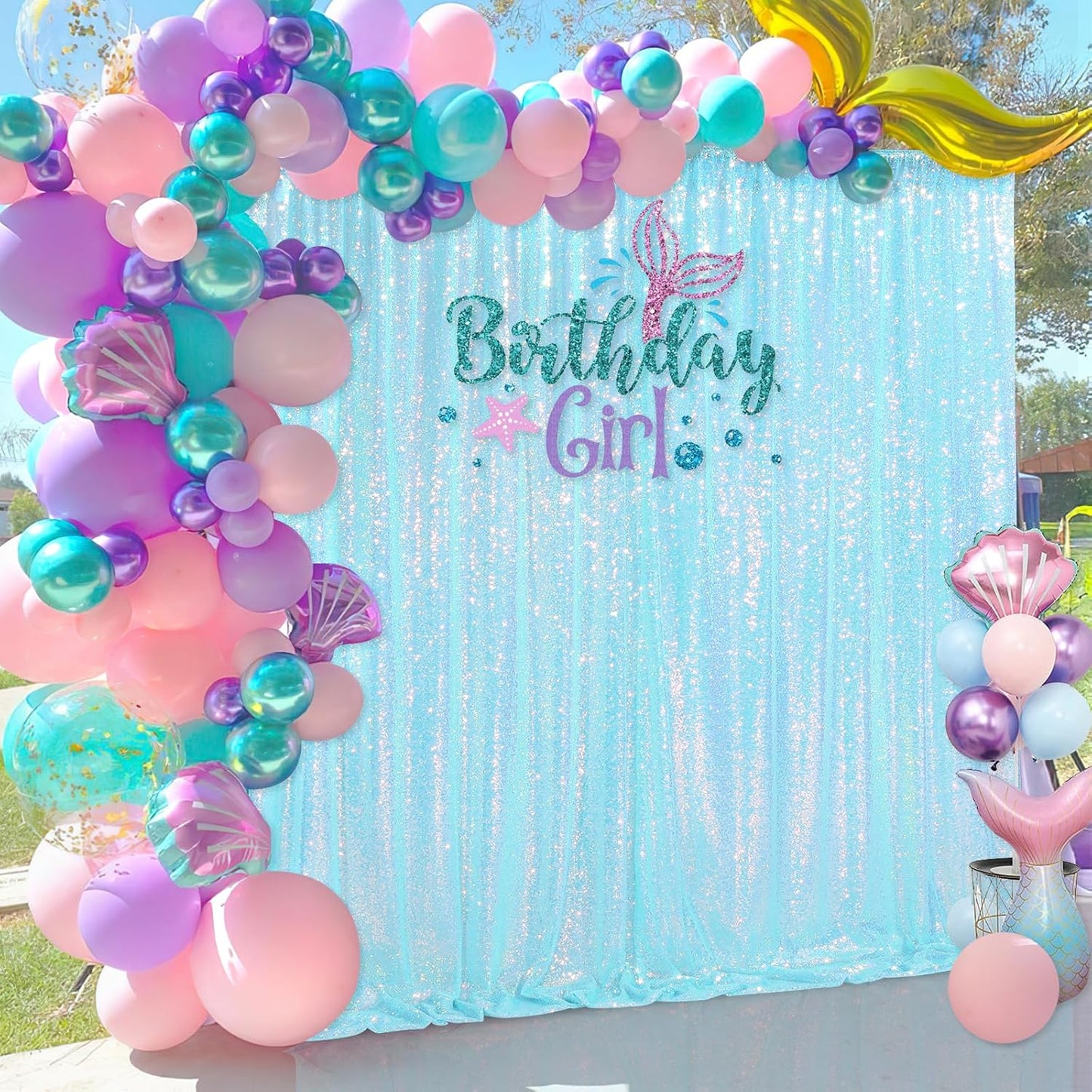 Blue Iridescent Sequin Backdrop Curtain 7ft x 7ft Glitter Photo Booth Backdrop for Wedding Birthday Baby Shower Event Decorations