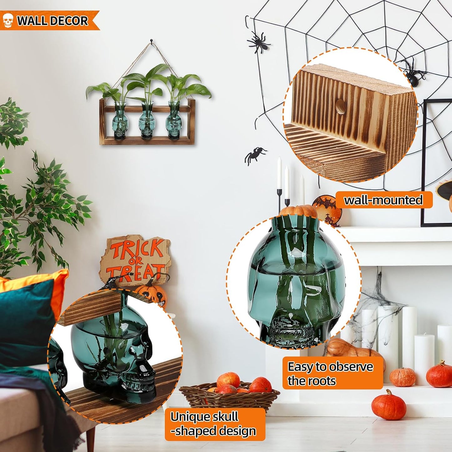 Plant Terrarium Propagation Stations Hydroponics Halloween Skull Planter Vase Skulls Decor with Wooden Stand Gife for Father