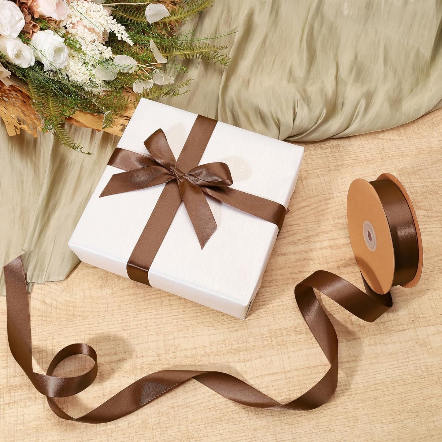 LaRibbons Brown Satin Ribbon 1 Inch 50 Yards Thin Luxury Double Faced Mocha Mousse Silk Ribbon for Flower Bouquet Crafts Gift Wrapping Wedding Decoration