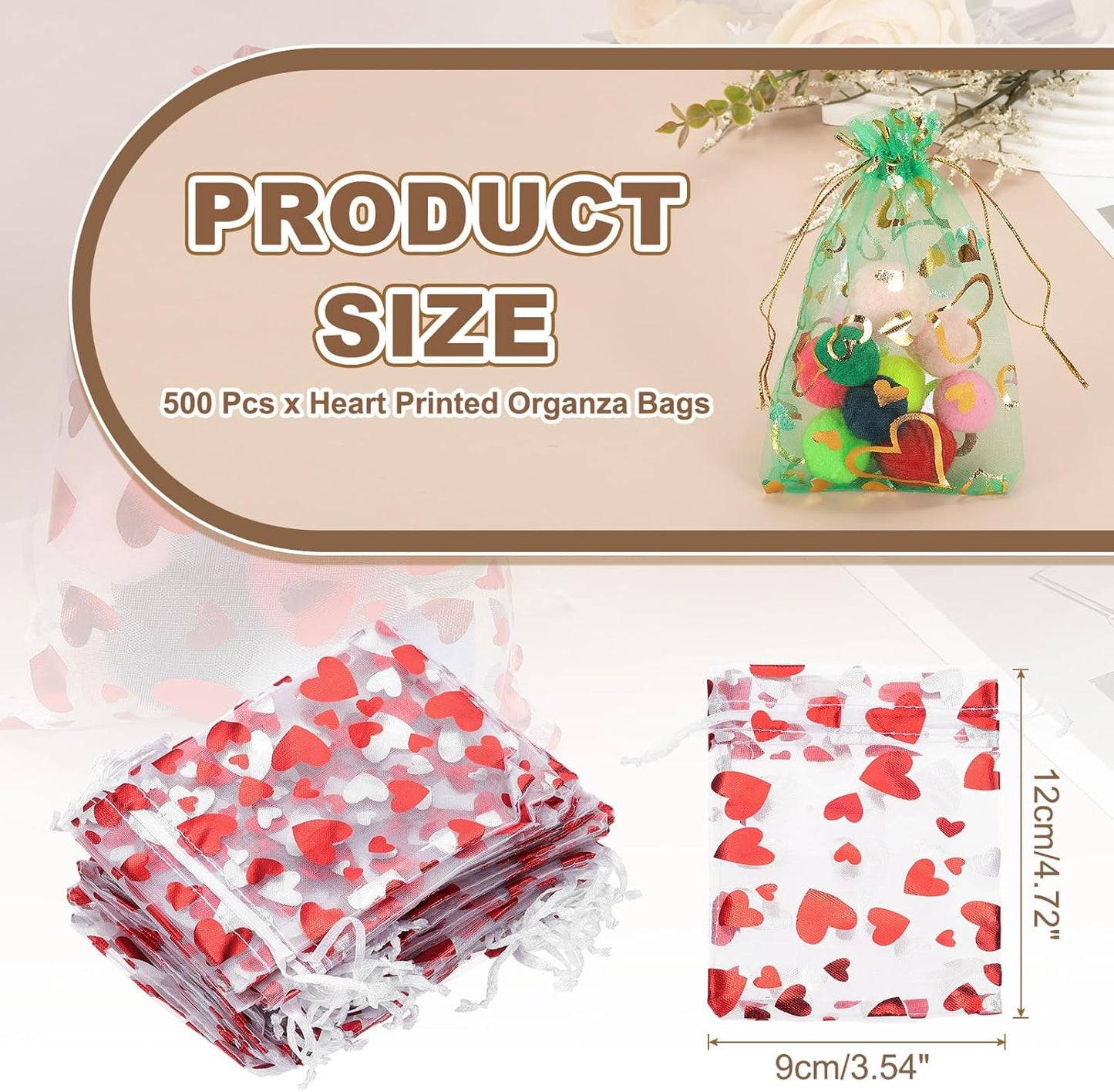 PATIKIL 50 Pcs 4x5 Inch Heart Printed Organza Bags, Red Sheer Heart Organza Bags with Drawstring for Festival Candy Jewelry Party Wedding Favor Gift