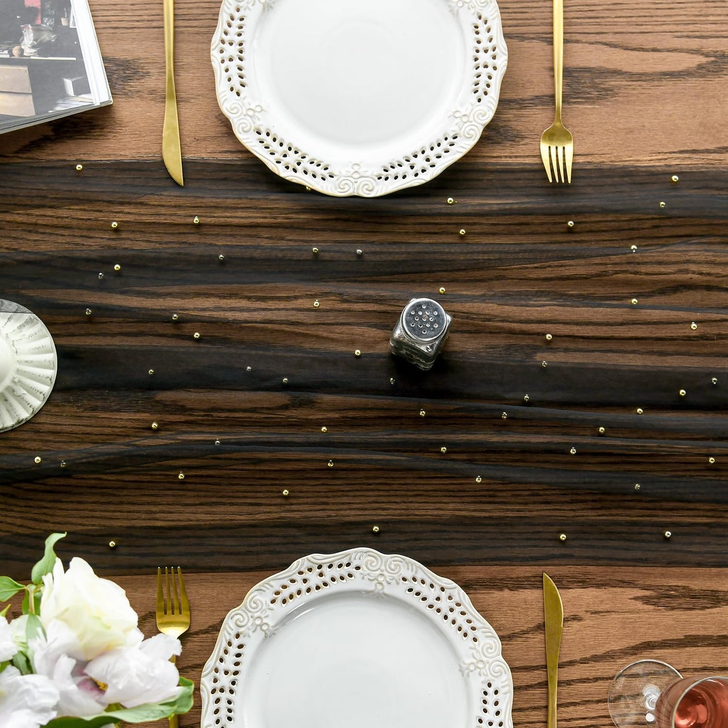 Artoid Mode 6PCS Pearl Black Gauze Table Runner 120 Inch 10FT, Seasonal Sheer Dining Holiday Wedding Birthday Baby Shower Table Decor for Home Party