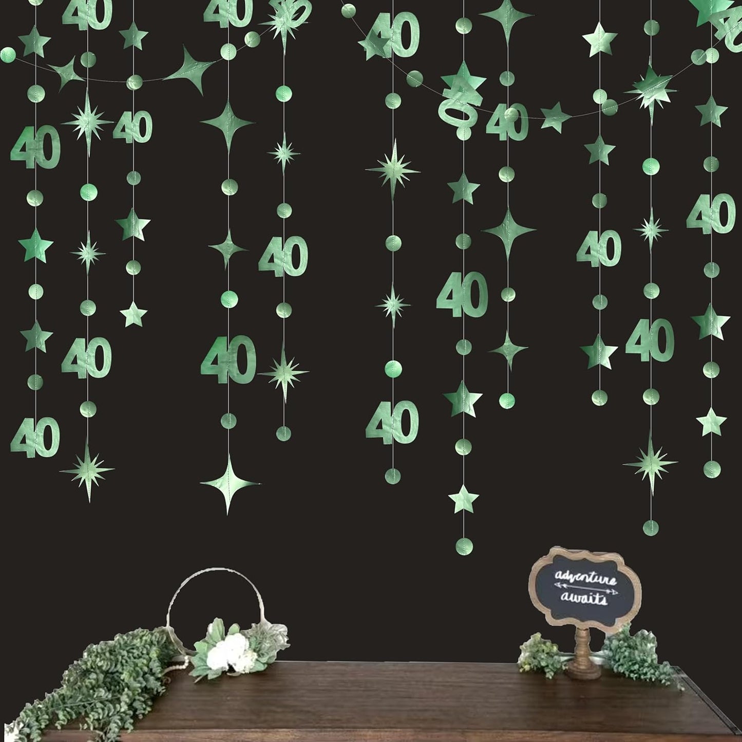 Sage Green 40th Birthday Decorations Number 40 Circle Dot Twinkle Star Garland Metallic Streamer Banner Backdrop for Women Mens Cheers to 40 Years Old Birthday Happy 40th Anniversary Party Supplies