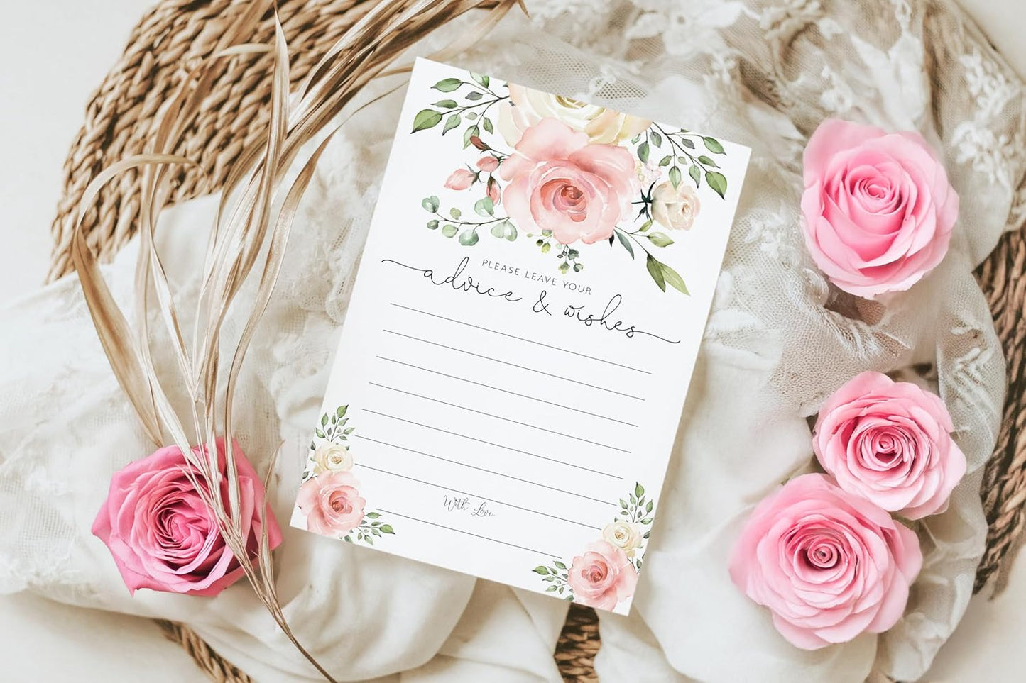 Your Main Event Prints Blush Floral Advice and Wishes Cards for the Bride and Groom - Perfect for Bridal Showers, Baby Showers, Graduations, and Weddings - Pack of 50 4x6 Cards