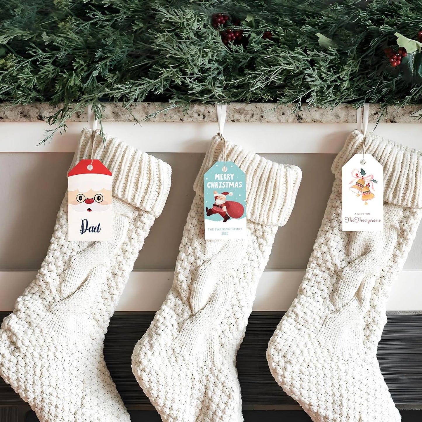 50pcs Custom Merry Christmas Gift Tags Personalized with Your Family Name and Year, Unique Santa Christmas Tree Design Hangtag Party Decorations (Rectangle Tag)