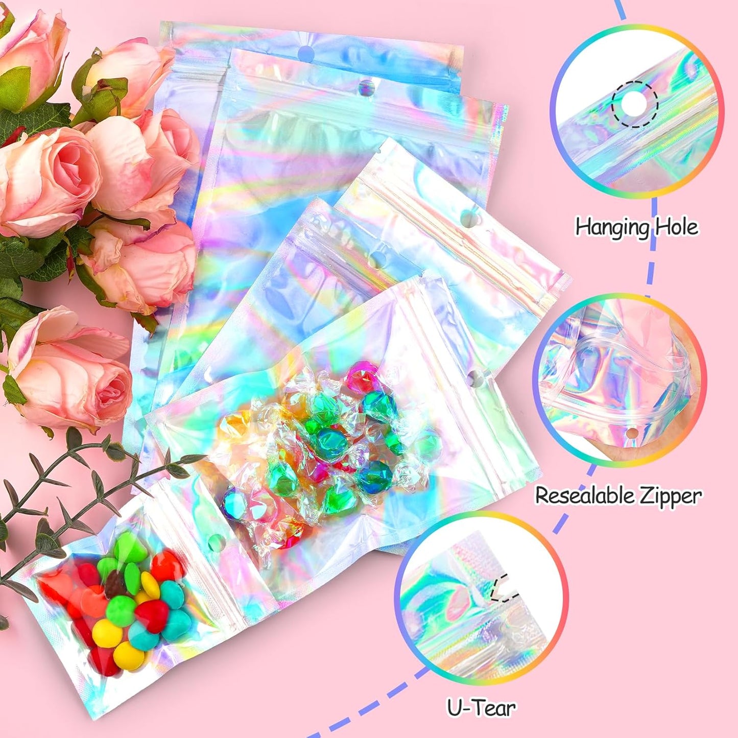 Funfery 100 Pack Smell Proof Holographic Bags Clear Resealable Bags,Mylar Foil Bag with Zipper,Seal Pouch Packaging Bag for Food Storage,Candy,Party Favor Sample Business Supplies(2.4x3.9in)