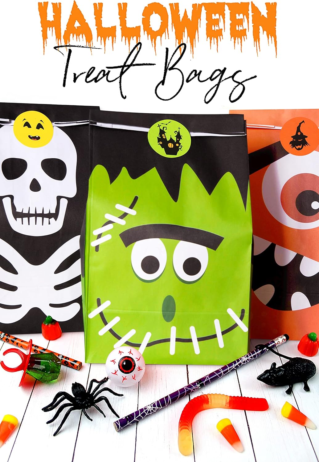 90PCS Halloween Treat Bags Party Favors - Trick or Treat Candy Goodie Gift Bag Stuffer Filler Paper Supplies Decorations with 90 Stickers