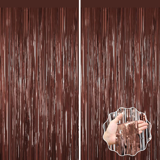 Coffee Brown Metallic Tinsel Backdrop Foil Fringe Curtains 2Packs Door Streamers Backdrop for Birthday Door Decorations, Party Supplies for Bachelorette, Graduation, Christmas Disco Groovy Decors