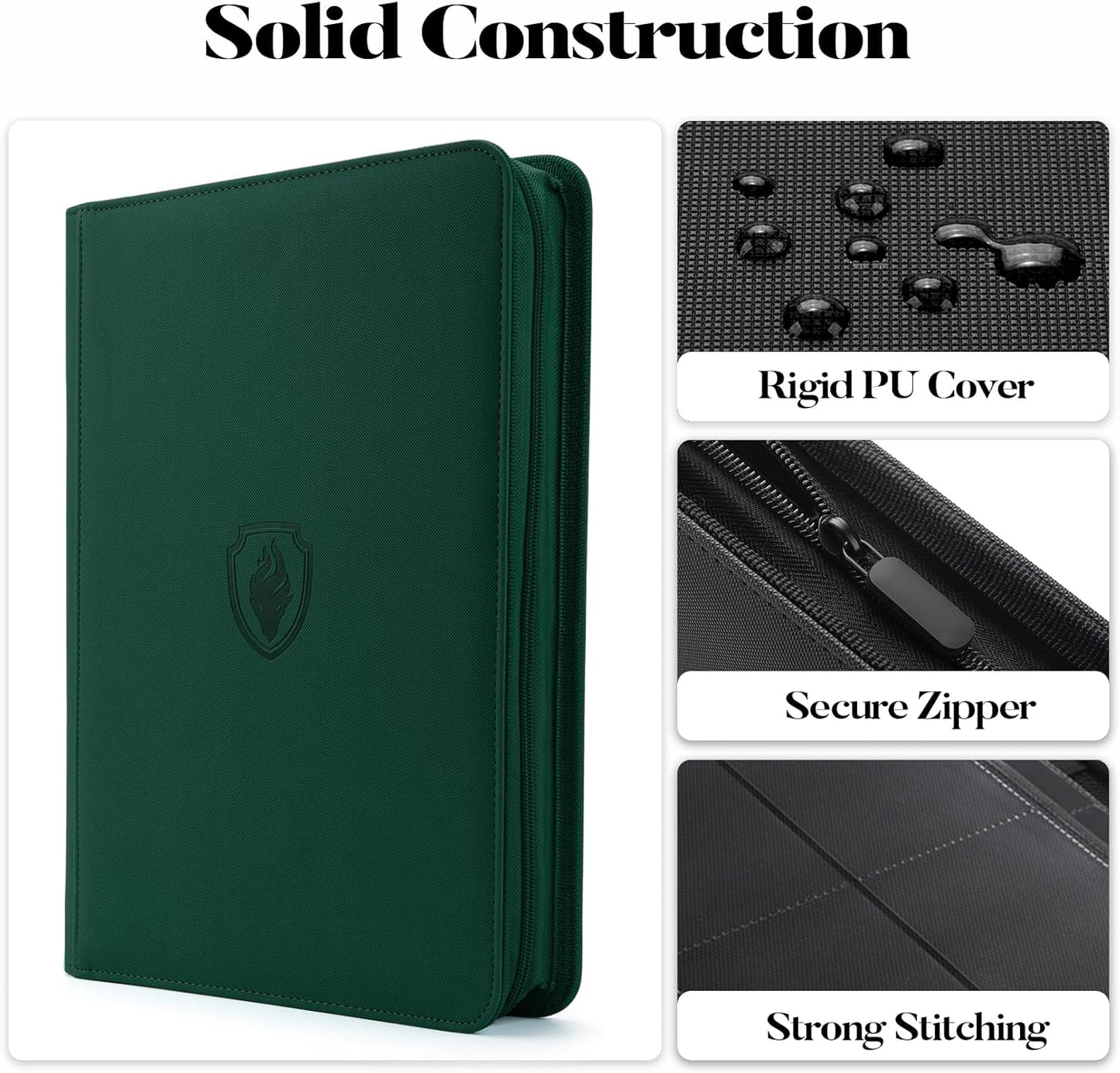 9 Pocket Zipper Card Binder, Fabmaker 360 Trading Card Holder Book, Premium PU Cover Zip Binder for Cards, Durable Side Loading Card Folders Album for MTG, TCG, Game Cards, Sports Cards, Dark Green