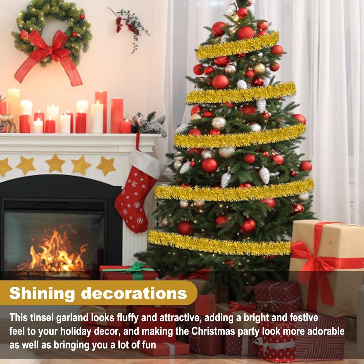 25 Feet Gold Christmas Tinsel Garland, Metallic Foil Twist Garland Wall Hanging Tinsel Banner Backdrop for Parade Floats, Easter, Mother's Day, Birthday Party Decorations (4in x 25ft)