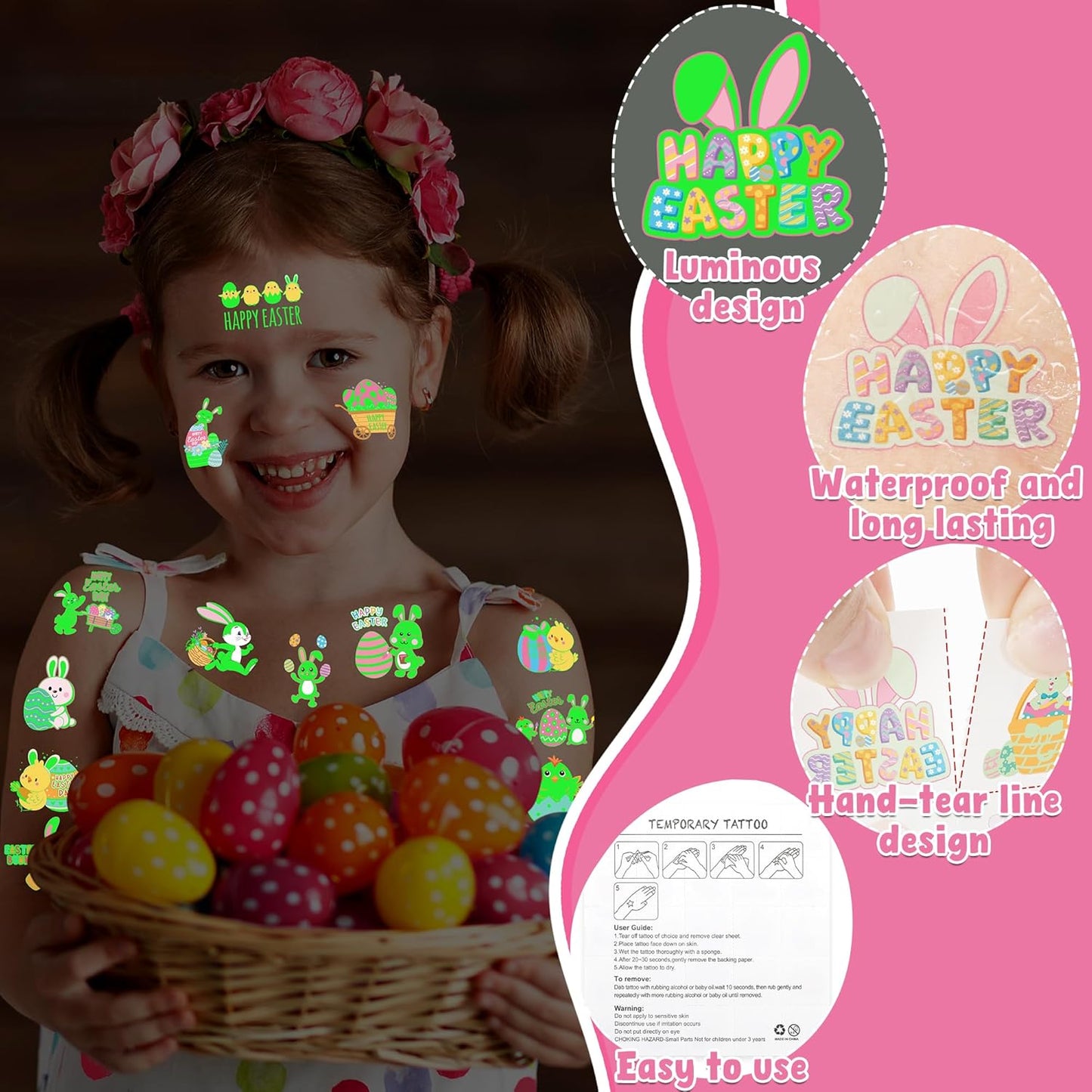150 PCS Luminous Easter Tattoos for Kids, 25 Styles Glow Easter Stickers for Easter Basket Stuffers, Waterproof Easter Temporary Tattoos with Bunny Egg Chick for Easter Basket Filler Party Favors