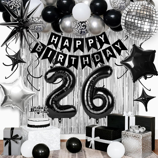 26th Birthday Decorations for Men Women, Black Silver Happy Birthday Party Decorations， 26 Year Old Party Supplies with Number 26 Balloons, Banner, Fringe Curtains Kit