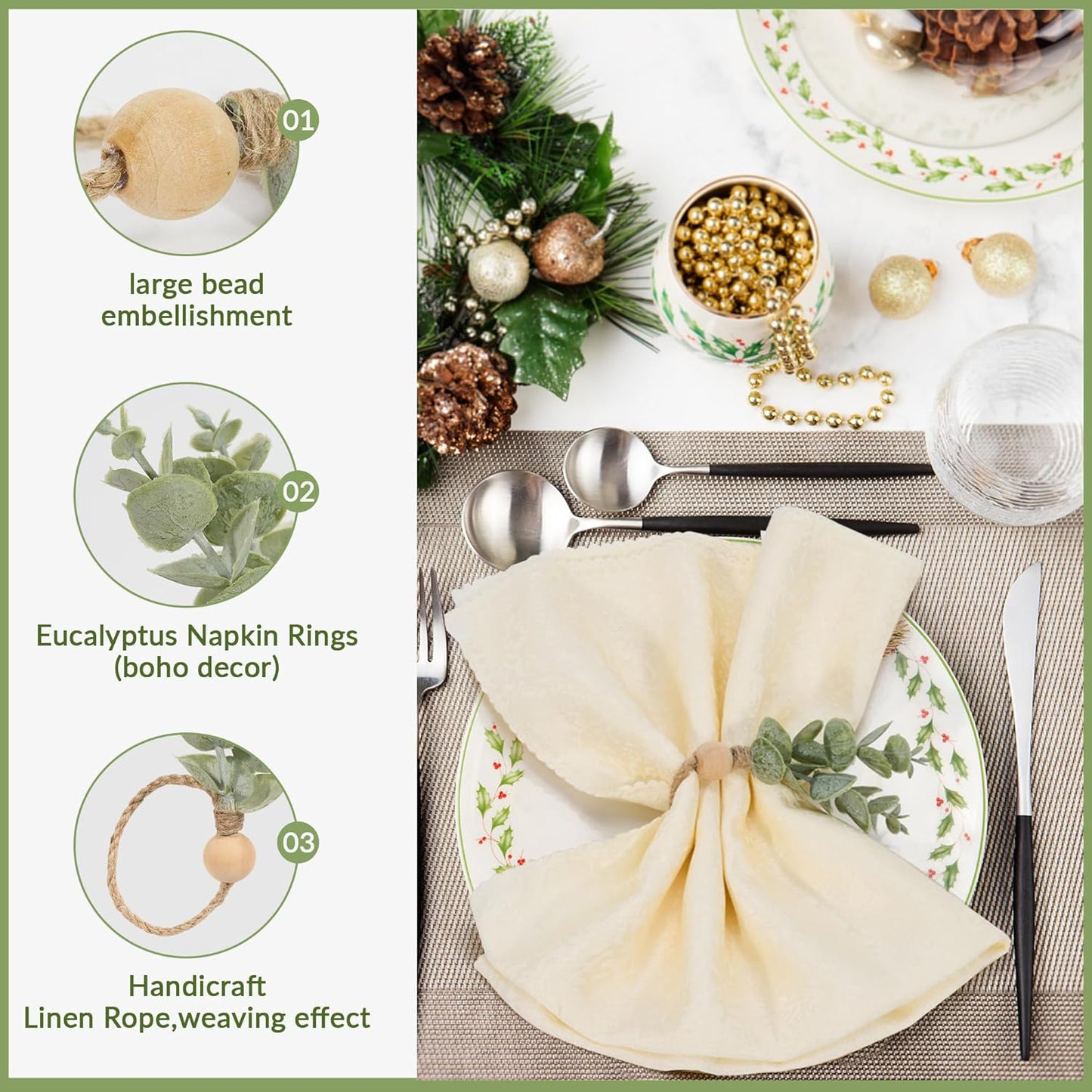 Defined Deco Napkin Rings Set of 12, Rustic Farmhouse, Boho Green Leaf Napkin Rings for Spring Summer, Thanksgiving Christmas,