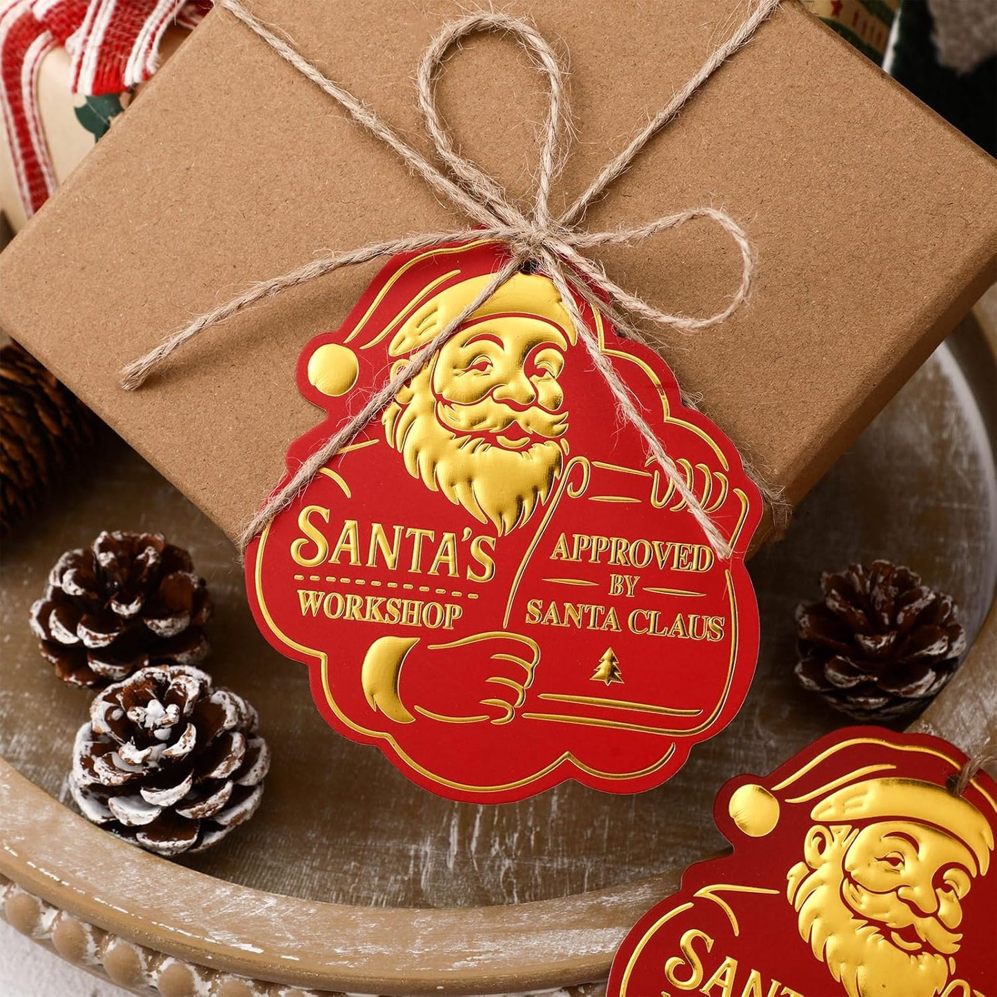 36 Pcs Christmas Gift Tag with String 3D Santa Gift Tag Gold Foil Present from Santa Claus Premium Gold Tags for Kids Christmas Party Decor(Vintage)