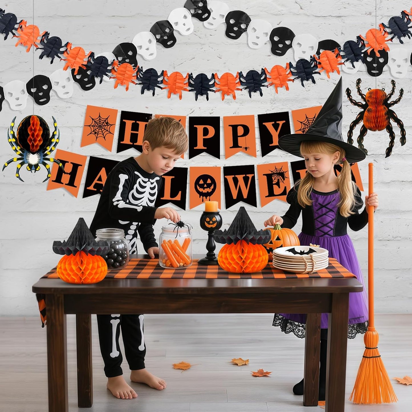 Halloween Office Decorations Indoor Kit - Pumpkin Lanterns, Bats Skull Head Banner, Spider Pumpkin Hanging Happy Halloween Banner For Office Classroom Home 14PCS