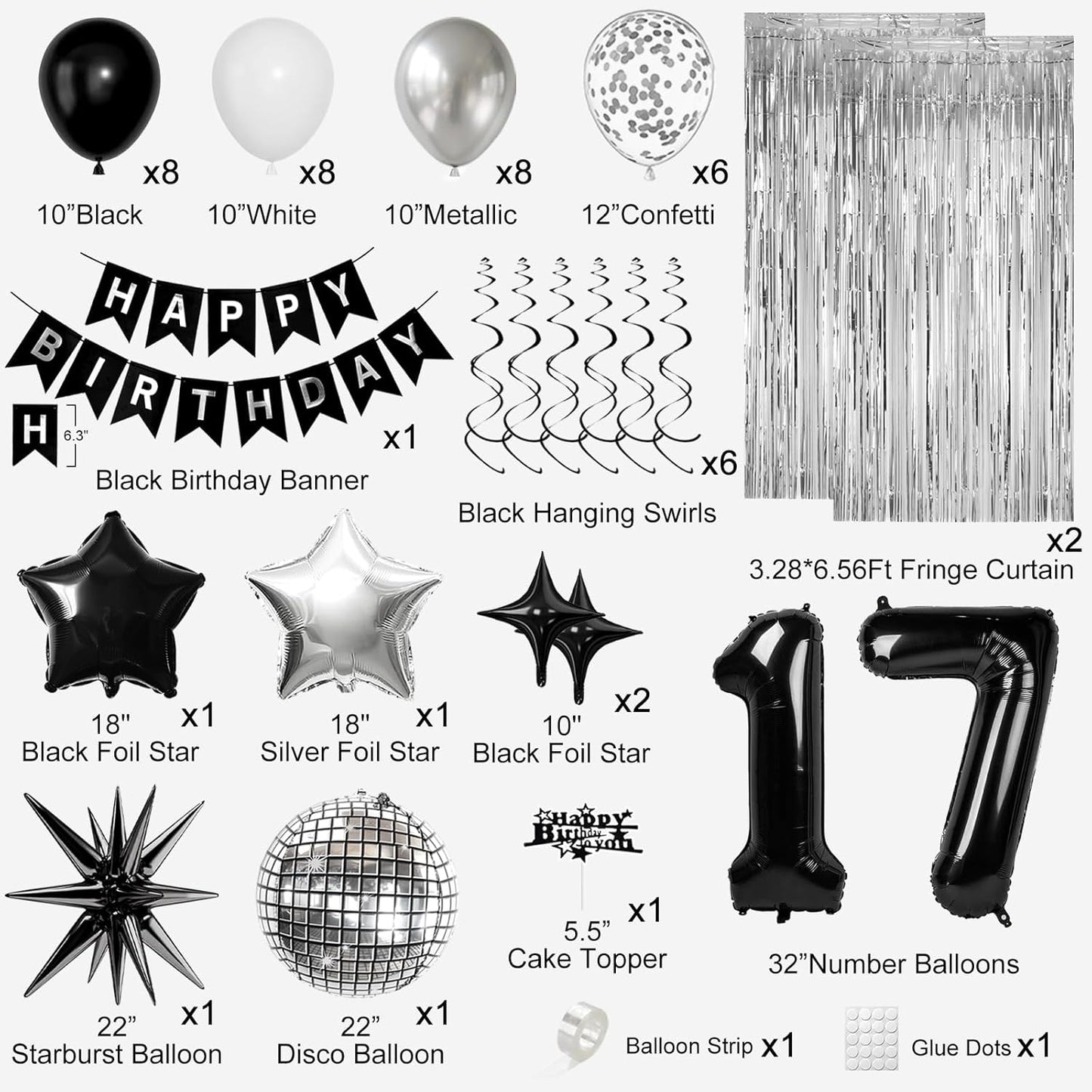 17th Birthday Decorations for Boys Girls, Black Silver Happy Birthday Party Decorations， 17 Year Old Party Supplies with Number 17 Balloons, Banner, Fringe Curtains Kit