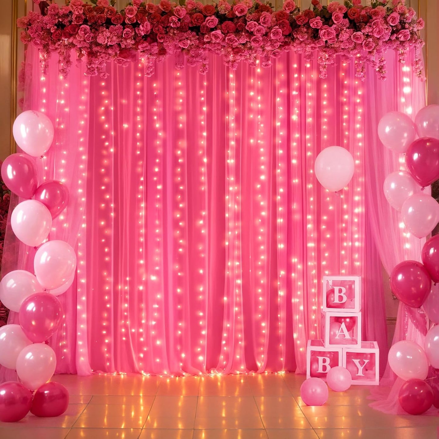 Hot Pink Tulle Backdrop Curtain with Lights for Parties 10x10ft Fuchsia Sheer Backdrop Curtains for Weddings Birthday Baby Shower Photo Shoot Background Decorations