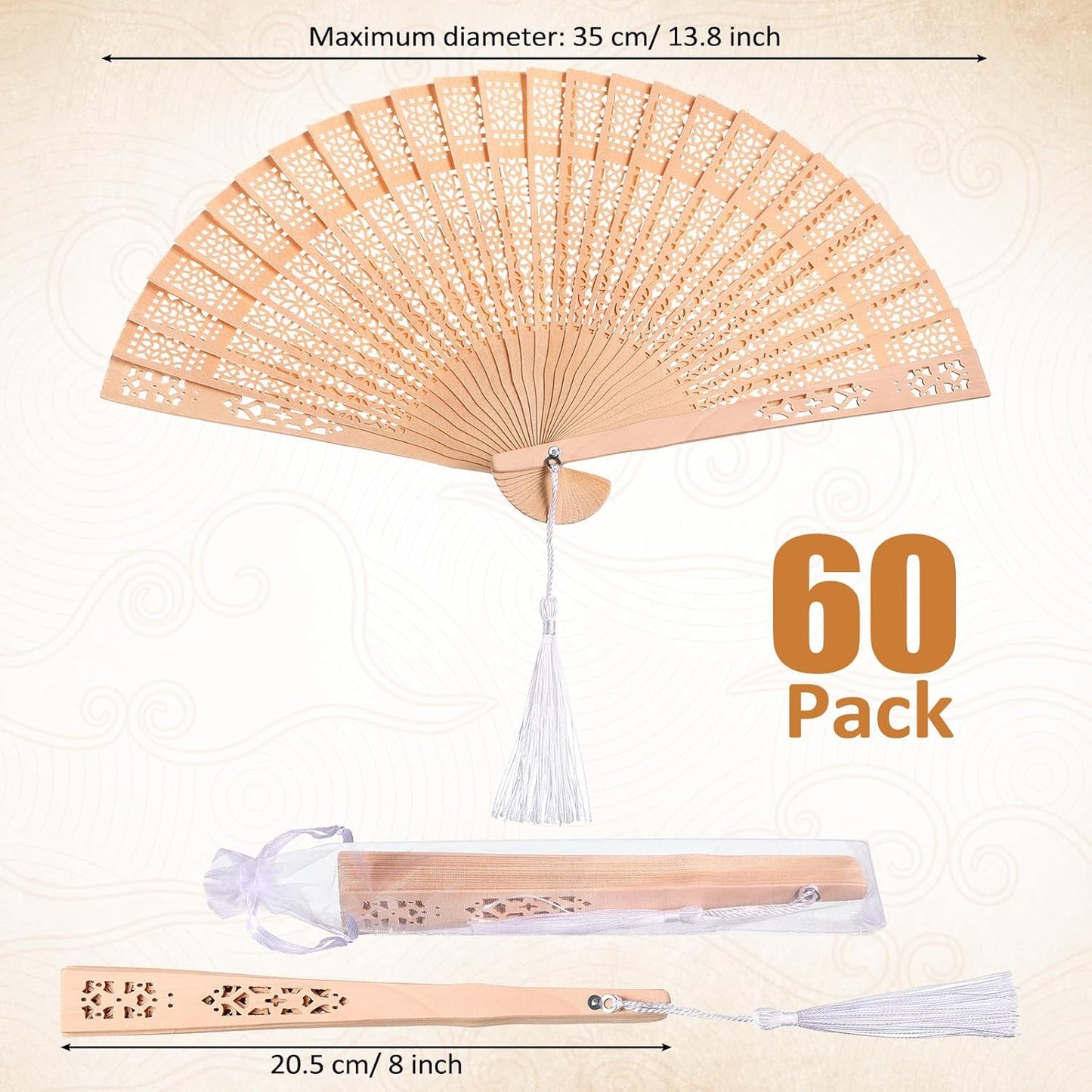 Qunclay 60Pcs Wooden Hand Fans Folding Wedding Fans for Guest Chinese Hollow Pattern with White Tassel and Gift Bag for Wedding Bridal Shower Birthday Party Favors Gift and Home Decor(Simple Style)