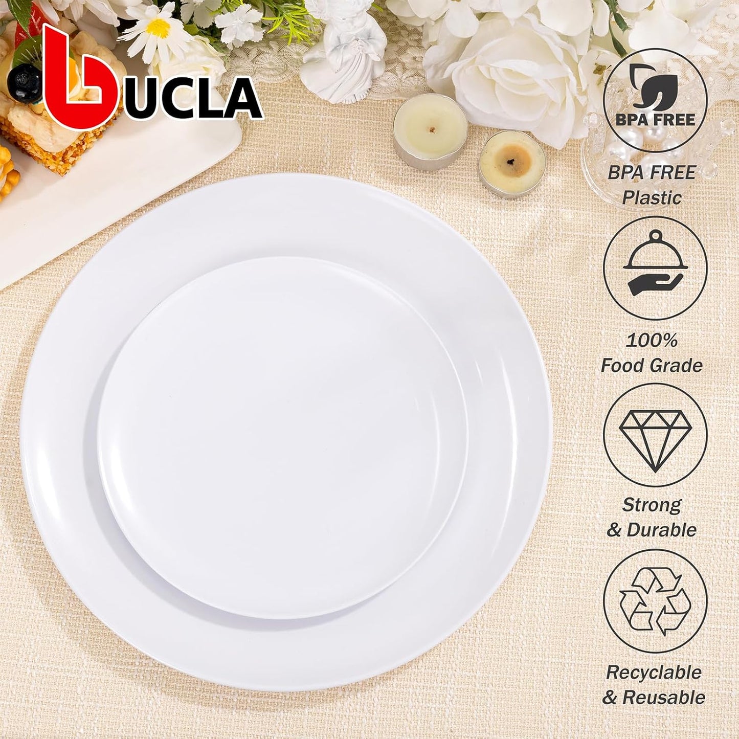 bUCLA 200PCS White Plastic Plates - Heavy Duty White Disposable Include 100 Dinner 10inch & 100 Dessert 7inch Plates, Ideal for Wedding&Party