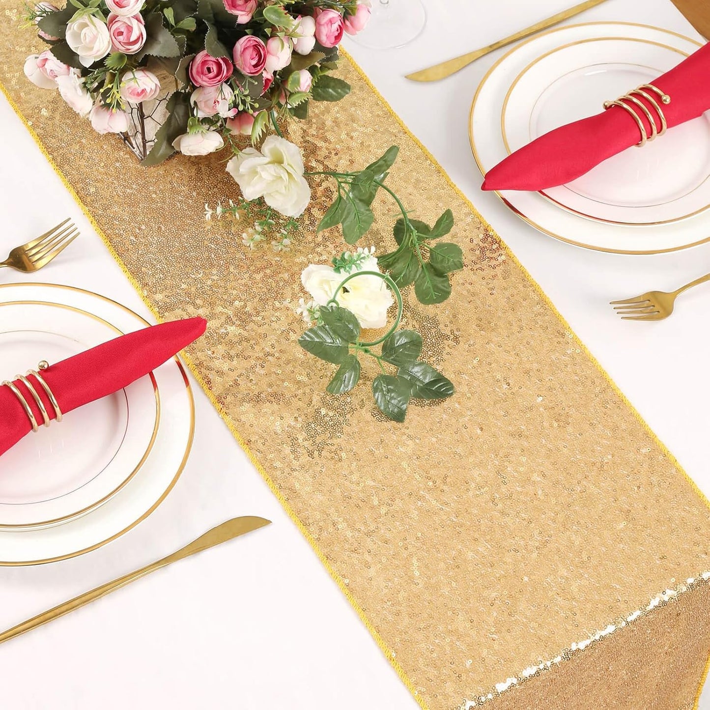 Sequin Table Runners 5 Pieces Gold Table Runners 12x72 Inch Glitter Dining Table Cover for Party Wedding Birthday Reception Banquet Decoration Spring Party Chair Sashes