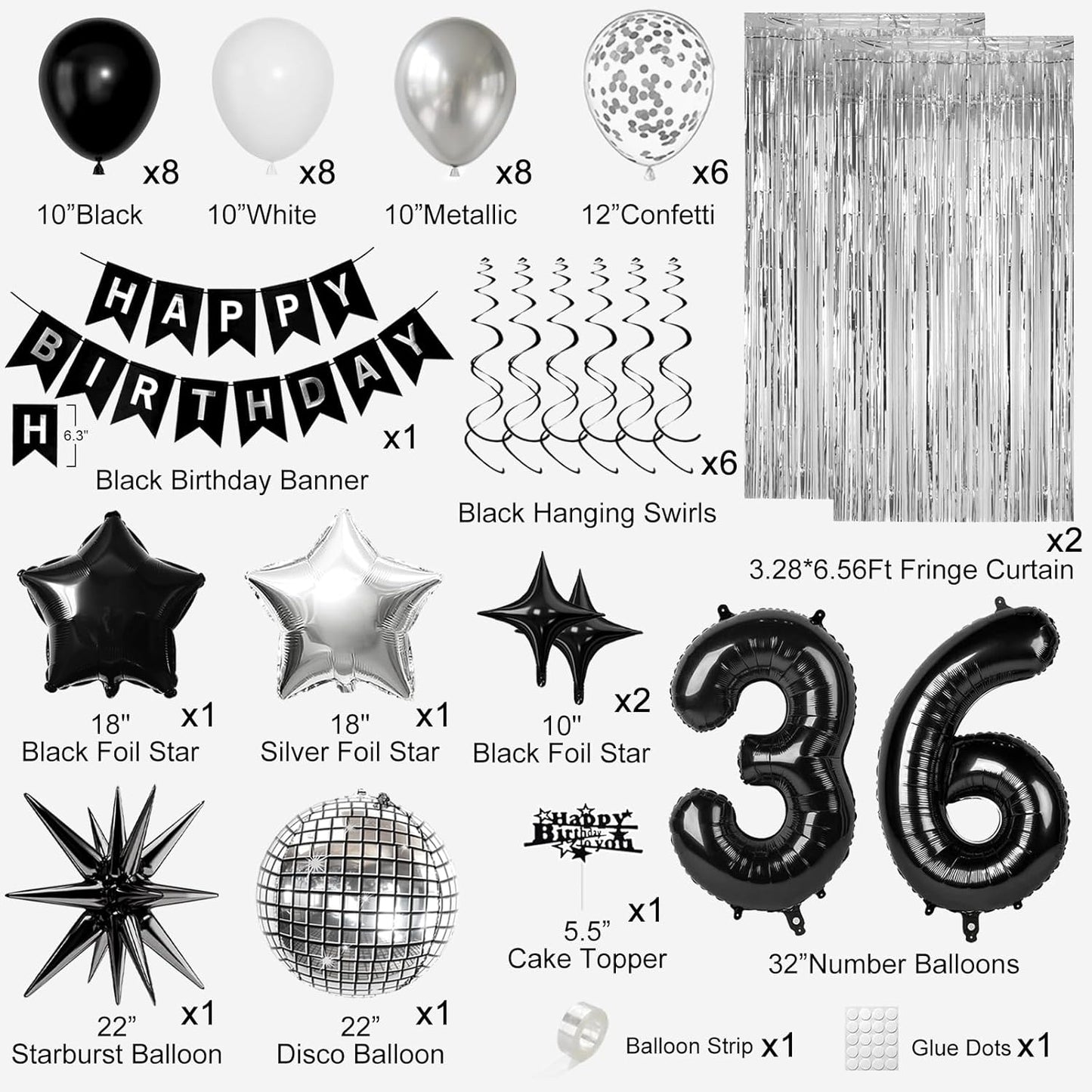 36th Birthday Decorations for Men Women, Black Silver Happy Birthday Party Decorations， 36 Year Old Party Supplies with Number 36 Balloons, Banner, Fringe Curtains Kit