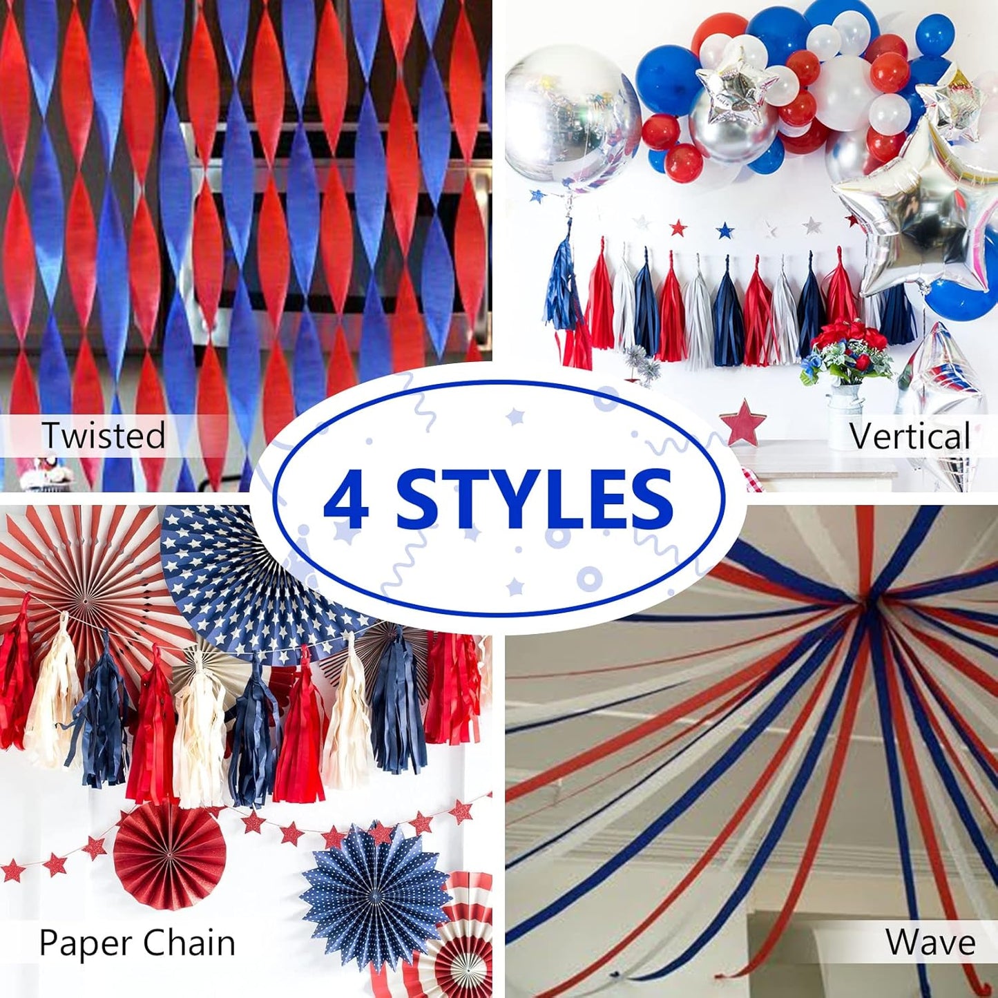 PartyWoo Red and Blue Crepe Paper Streamers 4pcs 328ft Pack of Red and Blue Crepe Paper Streamers for Birthday Engagement Baby Shower Bachelorette Graduation Wedding Independence Party Decorations