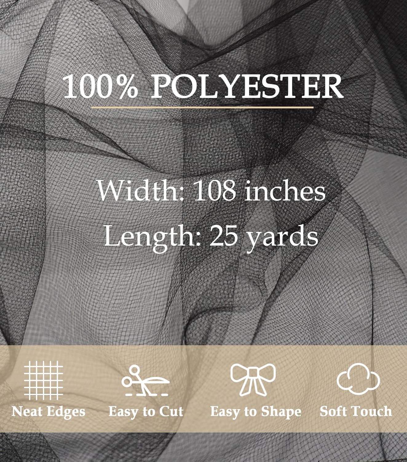 Black Tulle Fabric 108" x 25 Yards Tulle Bolt for Wedding Decoration DIY Tutu Halloween Party Backdrop Baby Shower Table Skirts Gift Wrapping