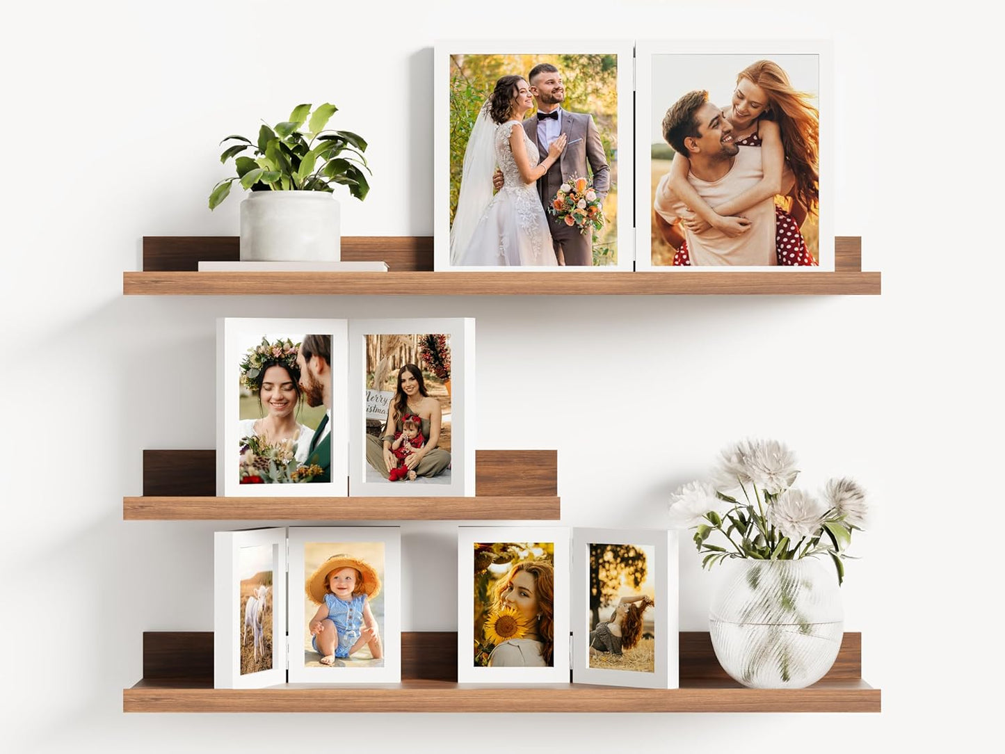 decorUhome Double 5x7 Picture Frame Vertical, Engineered Wood Bifold Photo Frame with Plexiglass for Tabletop Display, 5x7, White