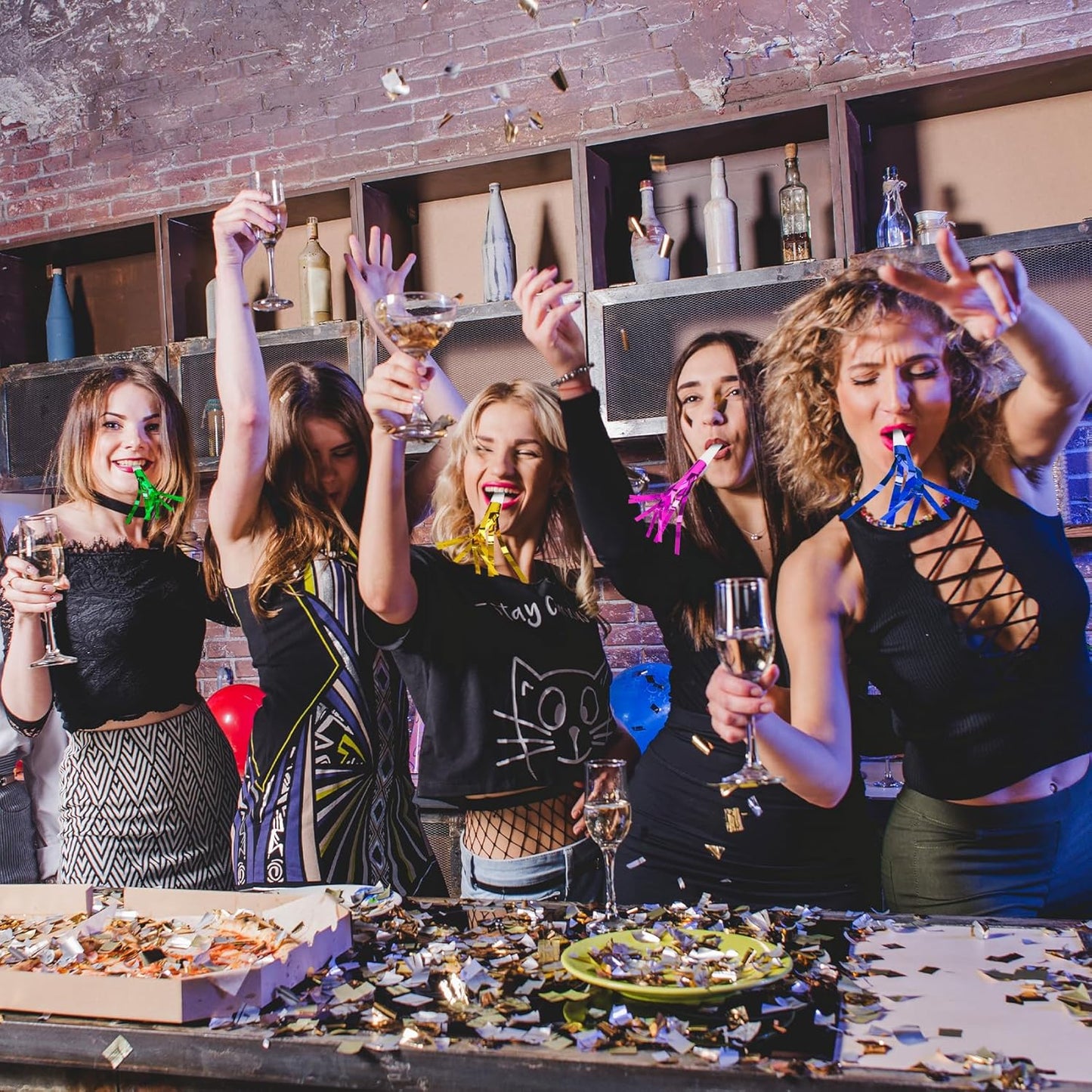 Party Blowers, 24 PCS New Years Noise Makers, Gold Silver Glitter Metallic Fringed Party Blowouts, Blow Horns Whistles for Kids Birthday Graduations Christmas Weddings Family Sporting Events Supplies