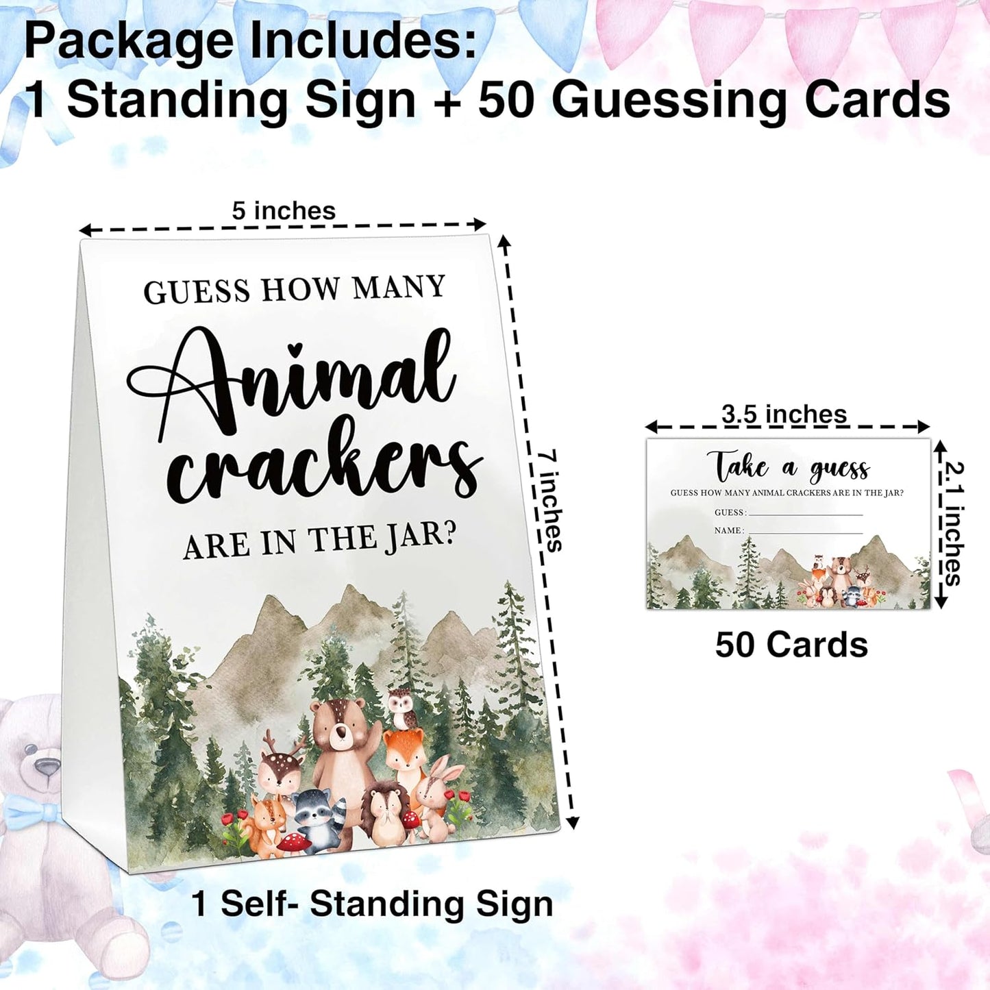 Woodland Baby Shower Game, Guess How Many Animal Crackers, Jungle Animal Safari 1 Standing Sign with 50 Cards for Gender Neutral Baby Shower - A01