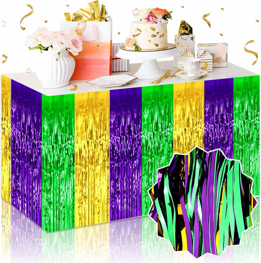 3 Pack 29 x108 Inch Gold Green Purple Foil Fringe Table Skirts Metallic Banner for Tinsel Streamer Garland Backdrop for Parade Floats Mother's Day, Graduate, Birthday, Wedding Party Decoration