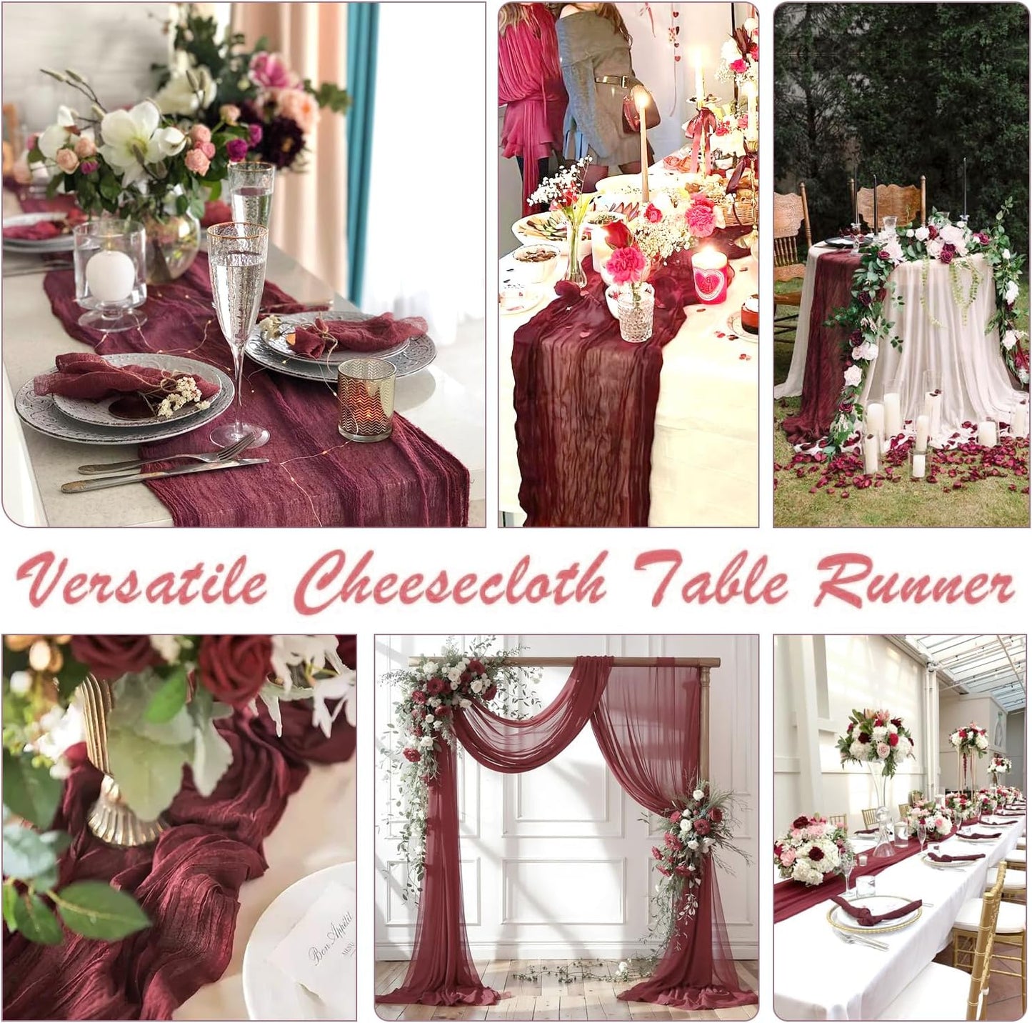 6 Pack Burgundy Table Runner Cheesecloth Gauze Red Table Runner 35x120 Inch Rustic Boho Cheese Cloth Sheer Runner for Wedding Baby Shower Bridal Shower Birthday Party Christmas Decorations