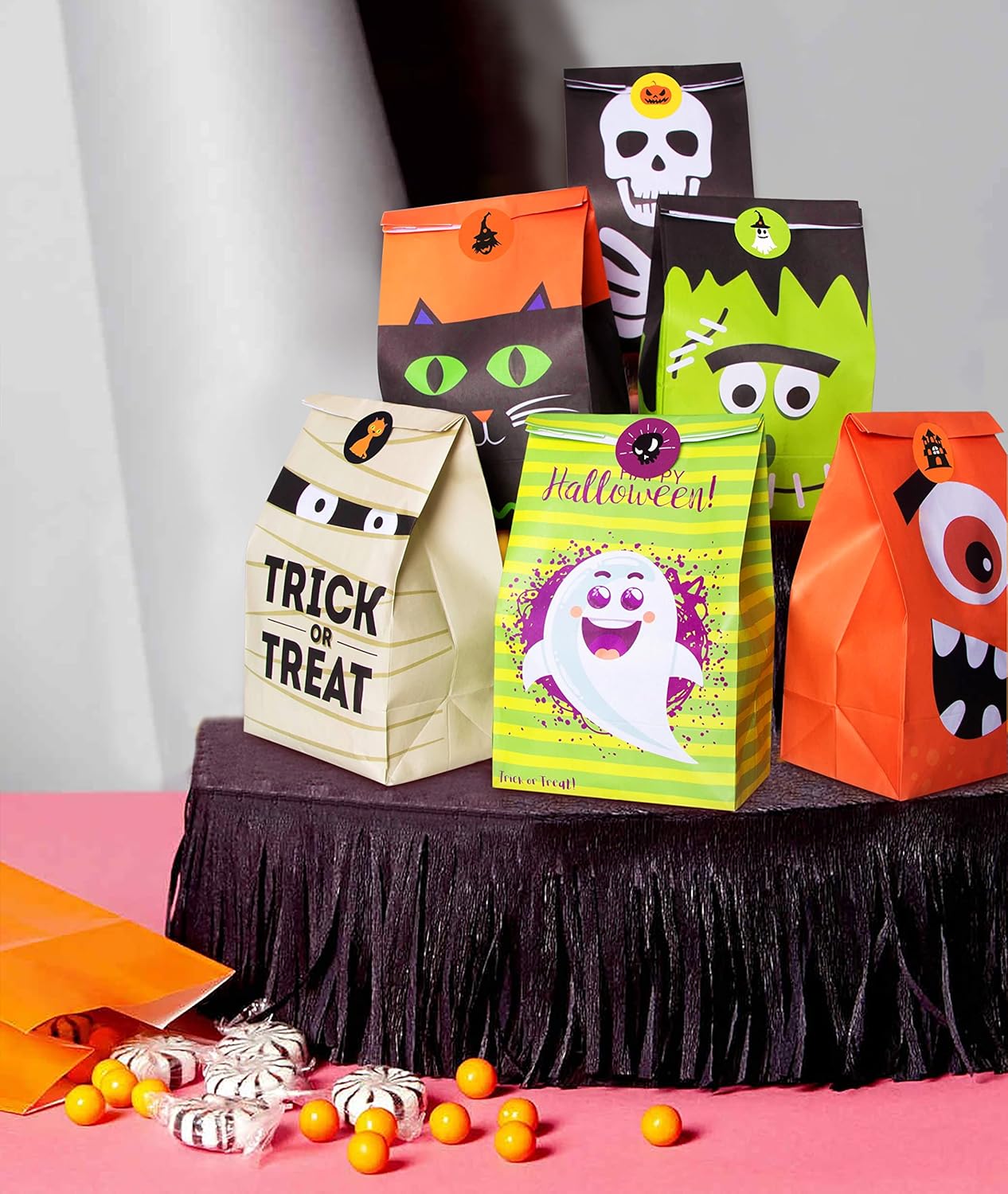 90PCS Halloween Treat Bags Party Favors - Trick or Treat Candy Goodie Gift Bag Stuffer Filler Paper Supplies Decorations with 90 Stickers