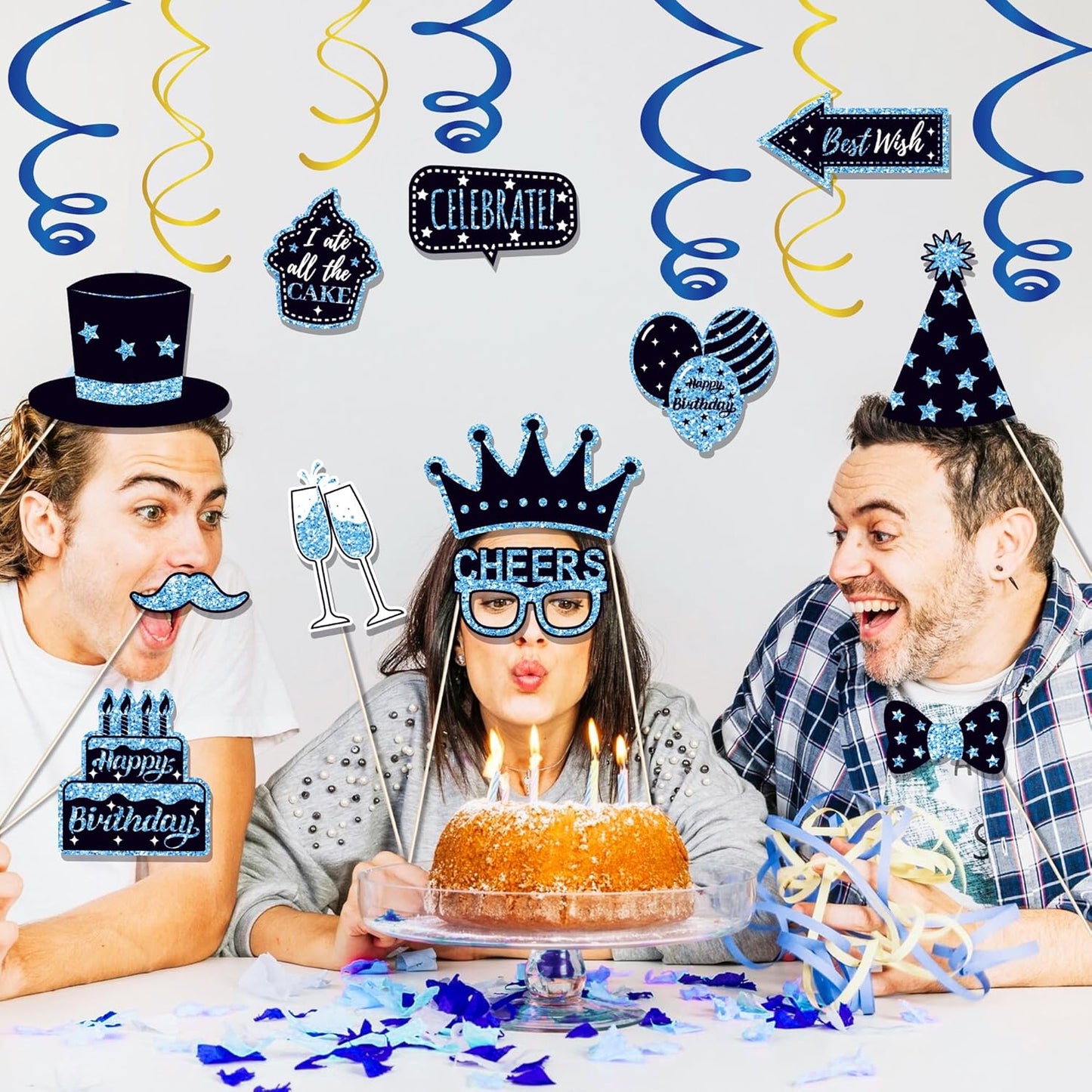 36 PCS Birthday Photo Booth Props Party Supplies Holiday Picture Decorations Photo Booth Props for Birthday Party Favors Pose Sign Kit Fun for Party (Black and Blue)