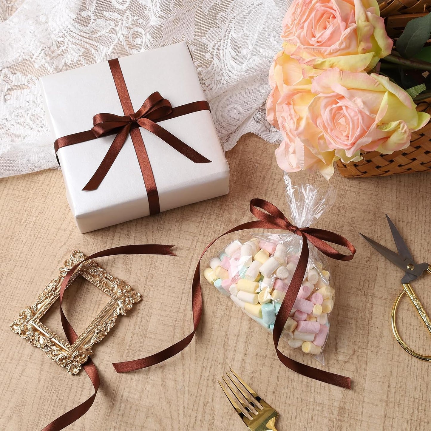 LaRibbons Brown Ribbon 3/8 Inch 25 Yards Luxury Double Faced Friar Brown Silk Ribbon for Flower Bouquet Crafts Gift Wrapping Wedding Party Decoration