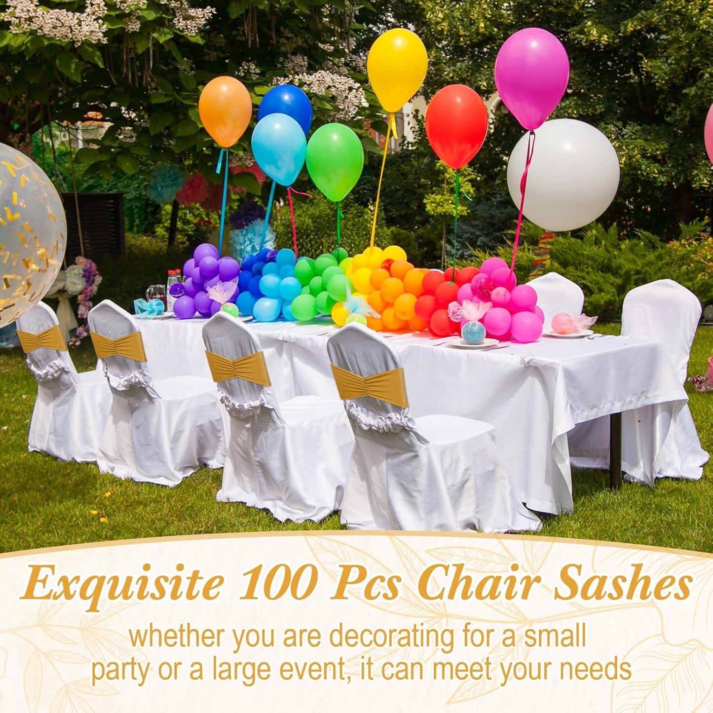 Moukeren 100 Pcs Spandex Chair Sashes Bows Bands Slider Sashes for Chair Covers Elastic Bands Ties Ribbon Decorations for Wedding Party Events Ceremony Birthday Banquet(Gold)