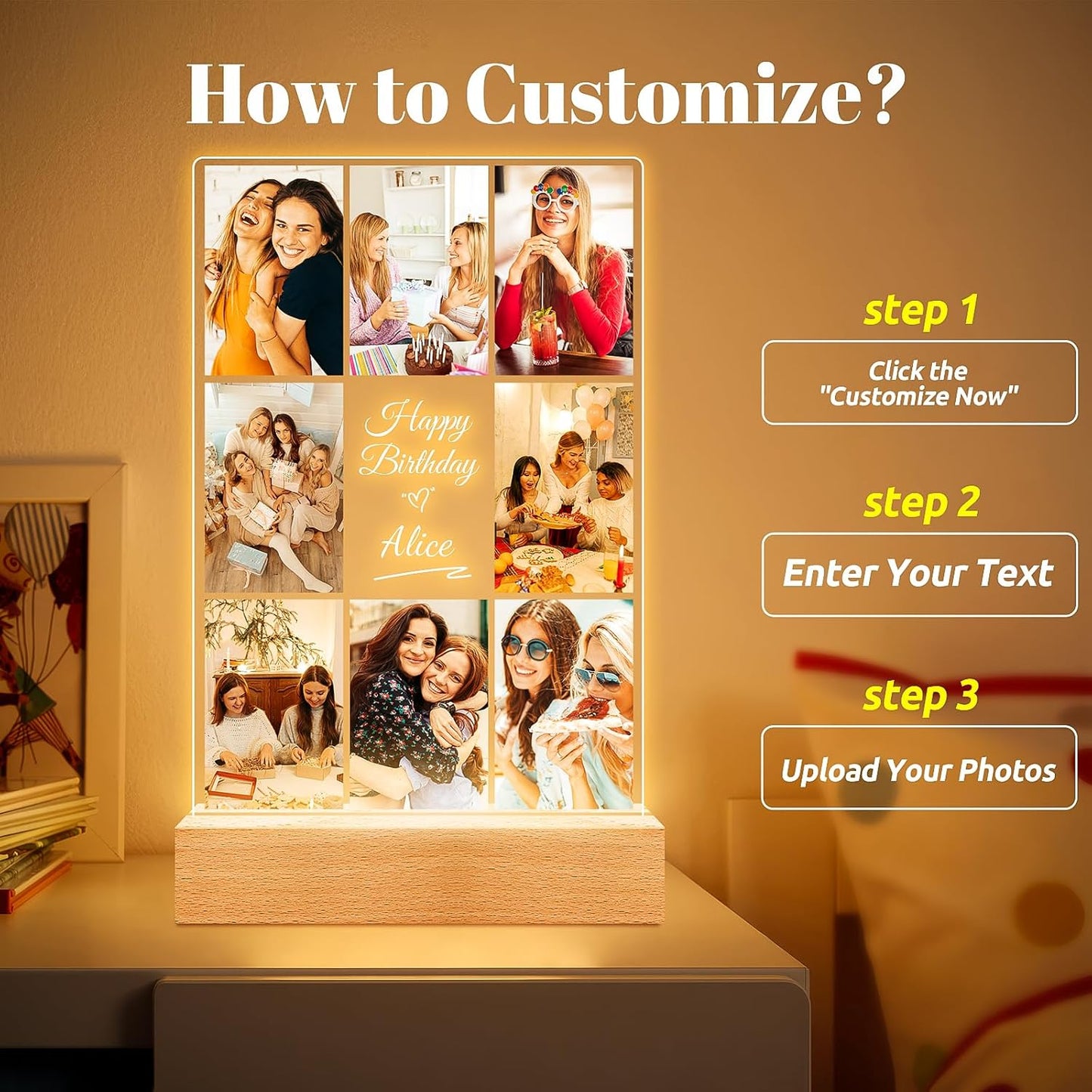 Custom Picture Frames with Photos, Personalized Photo Frame with Night Light, Customized Picture Frame, Personalized Birthday Gifts for Women, Men, Her, Him, Best Friends, Wife, Sister, Family