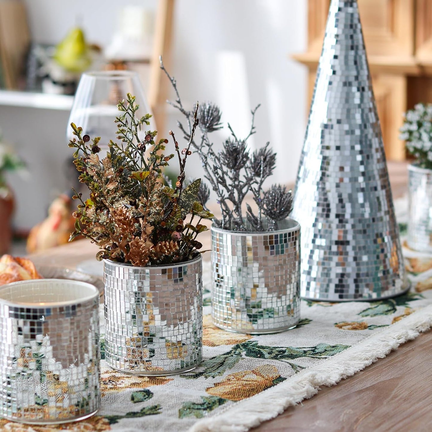 WDHODEC 6 Pcs Disco Vases Bulk Silver Mirror Disco Ball Flower Vase Glass Candle Holder for Wedding Table Centerpieces Decoration 4"