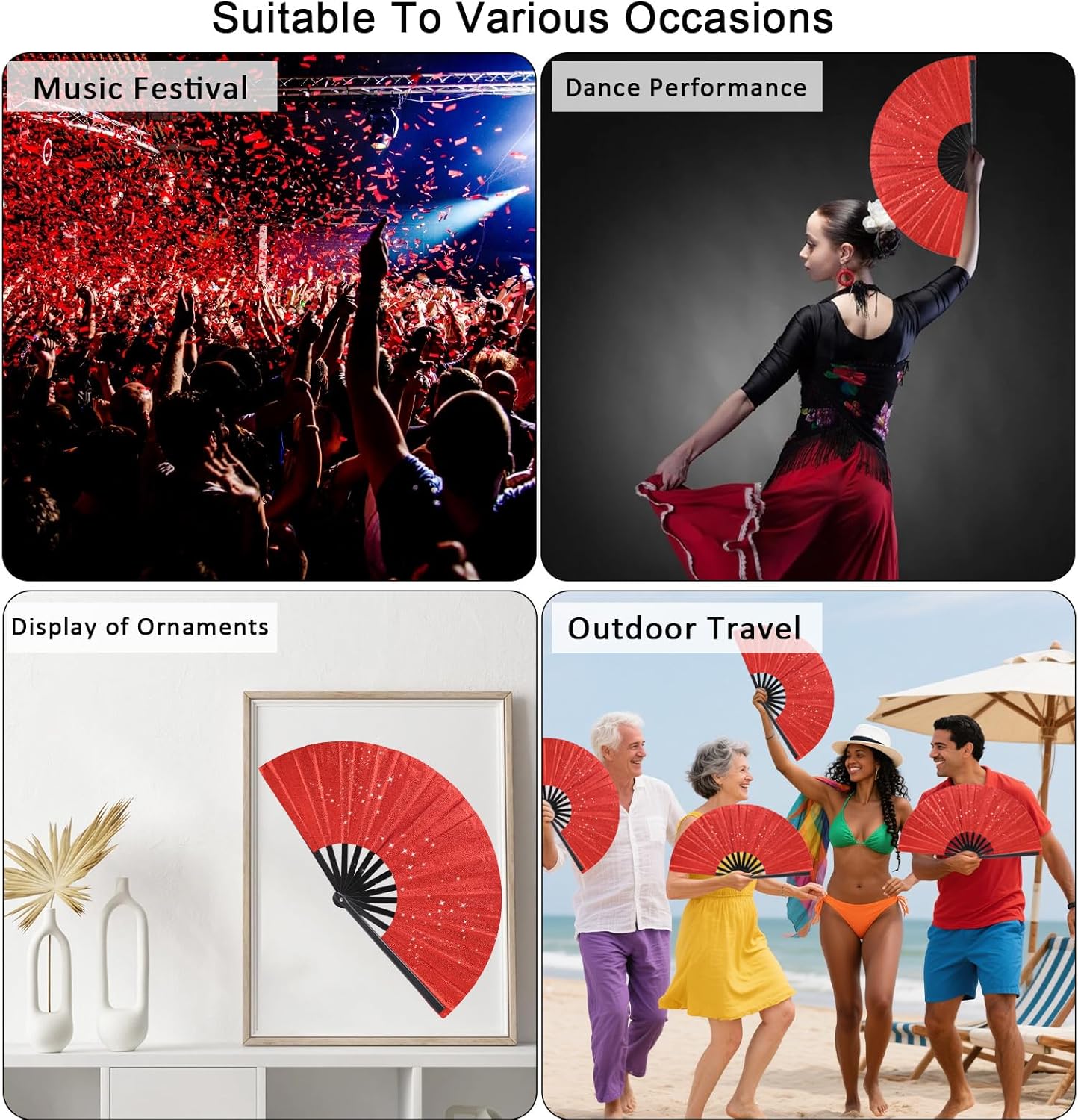 Glitter bling Large Folding Fan-Hand Fan Rave Clack Popping Fan for Line Dancing Clacking Fans for Boots On The Ground Dance, Party for EDM, Music Festival, Hot Flashes, Party, Decoration(1pcs red)