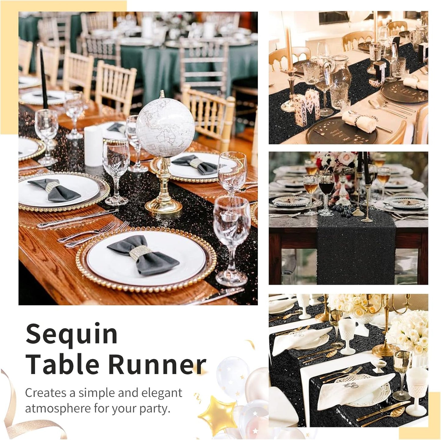 SoarDream Black Table Runner 10 Packs 12x72 Inches Sequin Metallic Fabric Glitter Table Runner for Party Birthday Holiday Event Supplies Decorations
