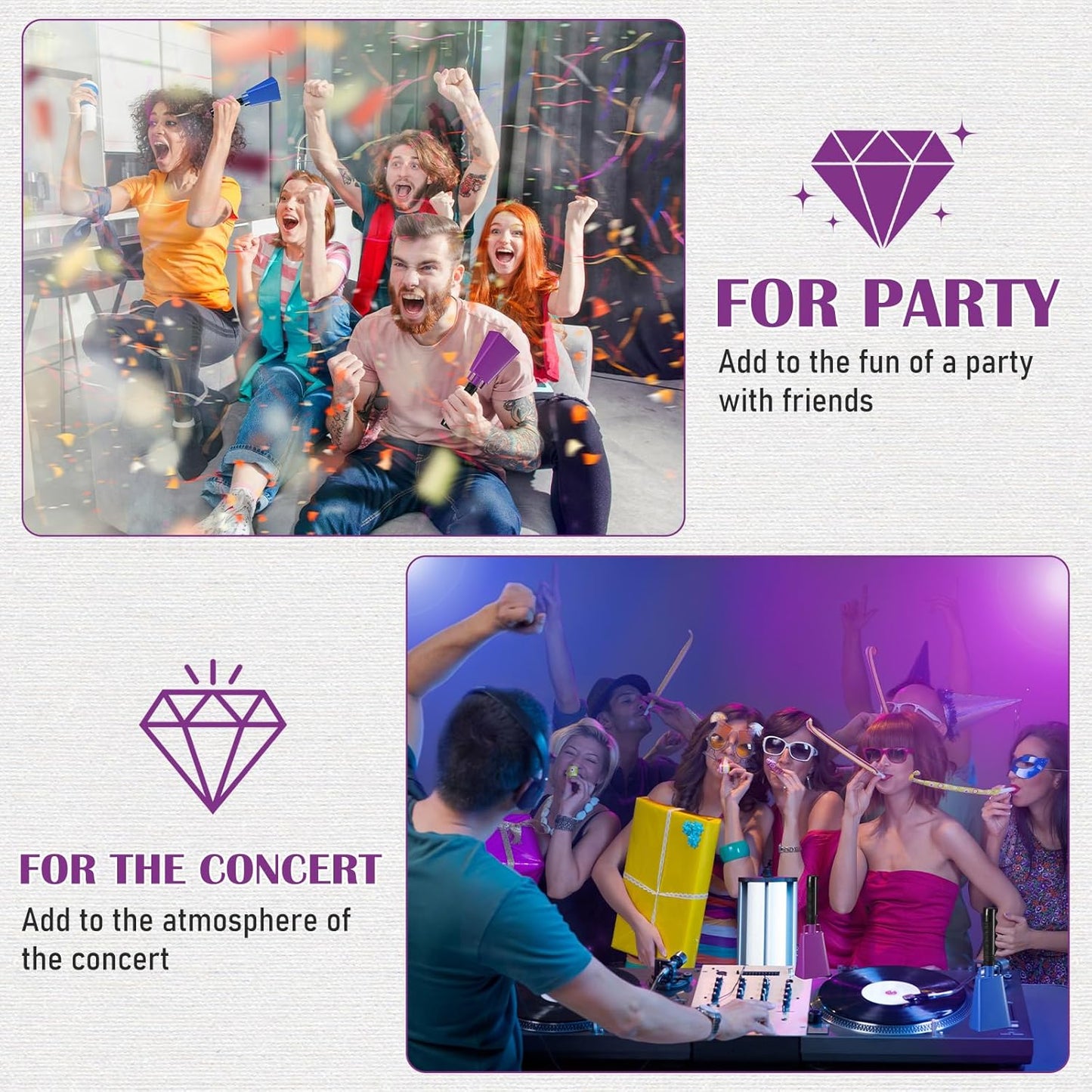 Pelopy 12 Pcs Large Cow Bell 9 '' Cowbell with Handle Cowbells for Sporting Events Hand Percussion Cheering Bell Chimes for Football Game, Alarm Loud Noise Makers, Musical Instrument(Purple, Blue)