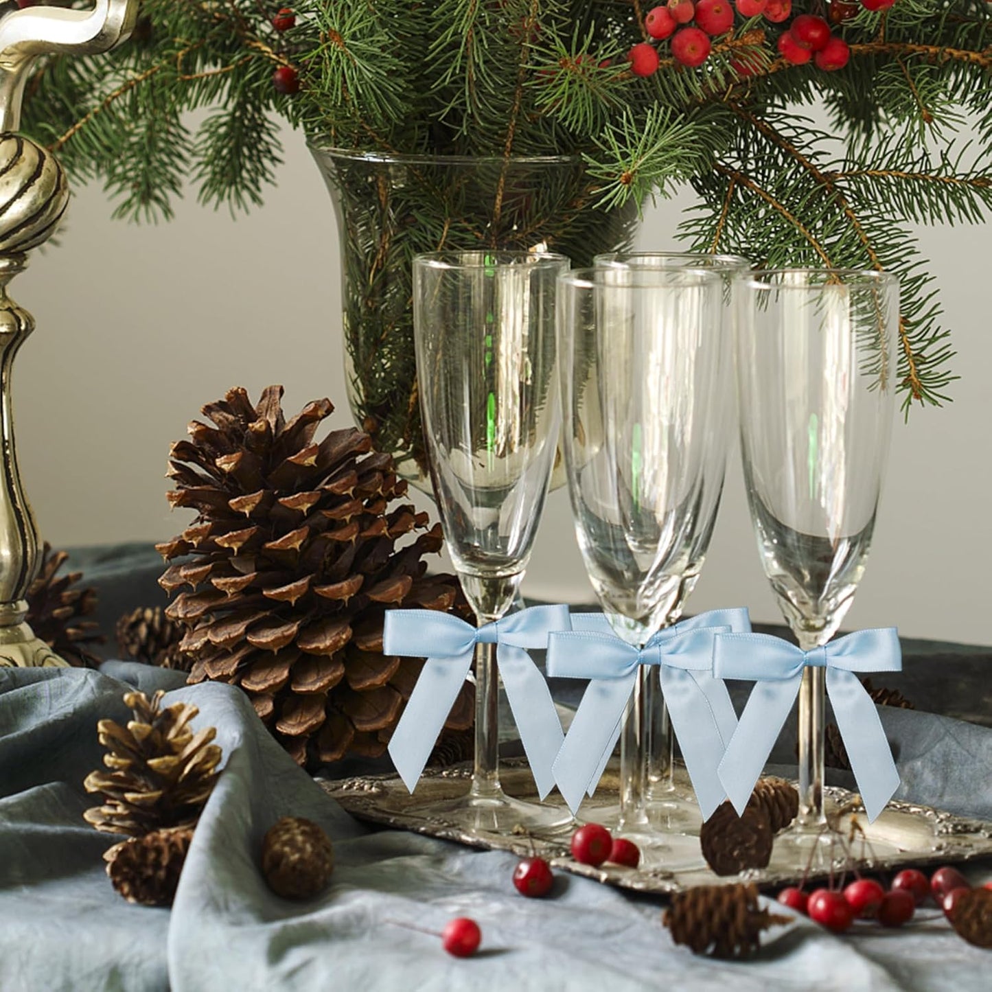 50Pcs Baby Blue Twist Tie Bows for Gift Wrapping 2.5" Satin Ribbon Bow for Treat Bags Cake Balloons Birthday Party Favors Wedding Decorations