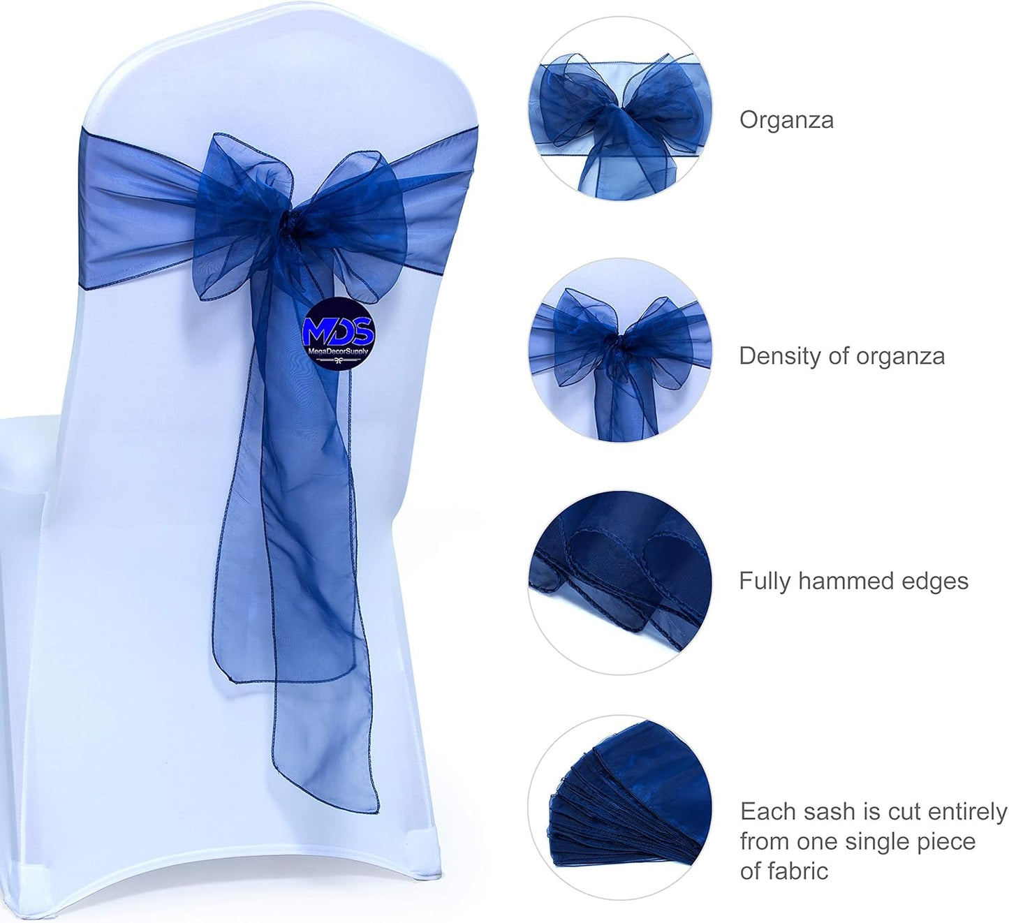 MDS Pack of 150 PCS Organza Chair Sashes Wider Dining Chair Bows Ribbon Tie Back for Wedding Party Birthday Bridal Shower Reception Event Banquet Home Chair Cover Decoration - Navy Blue