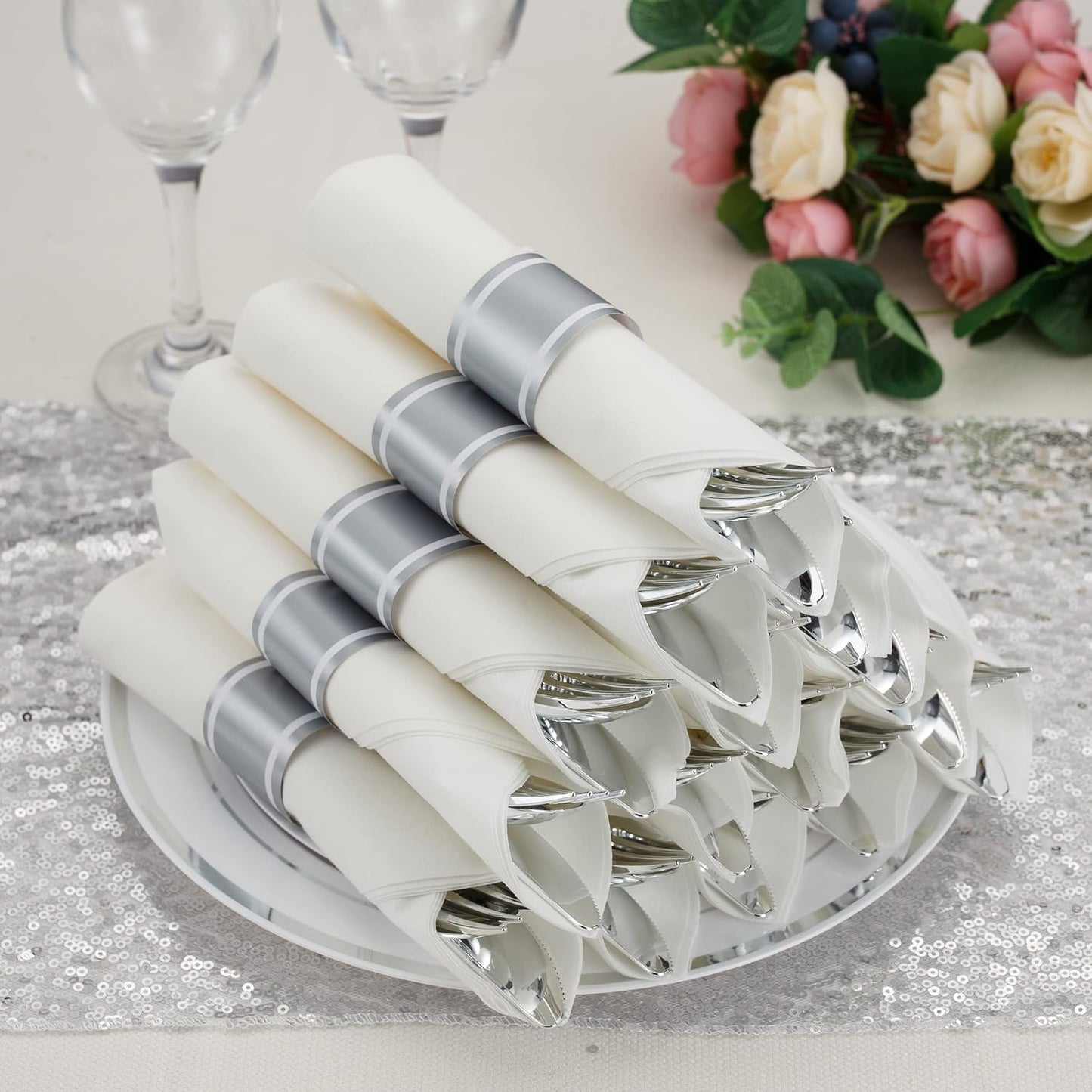 50 Pack Pre Rolled Silver Plastic Silverware Set, Disposable Wrapped Plastic Cutlery Set (50 Forks, 50 Knives, 50 Spoons, 50 Napkins) for Wedding Party